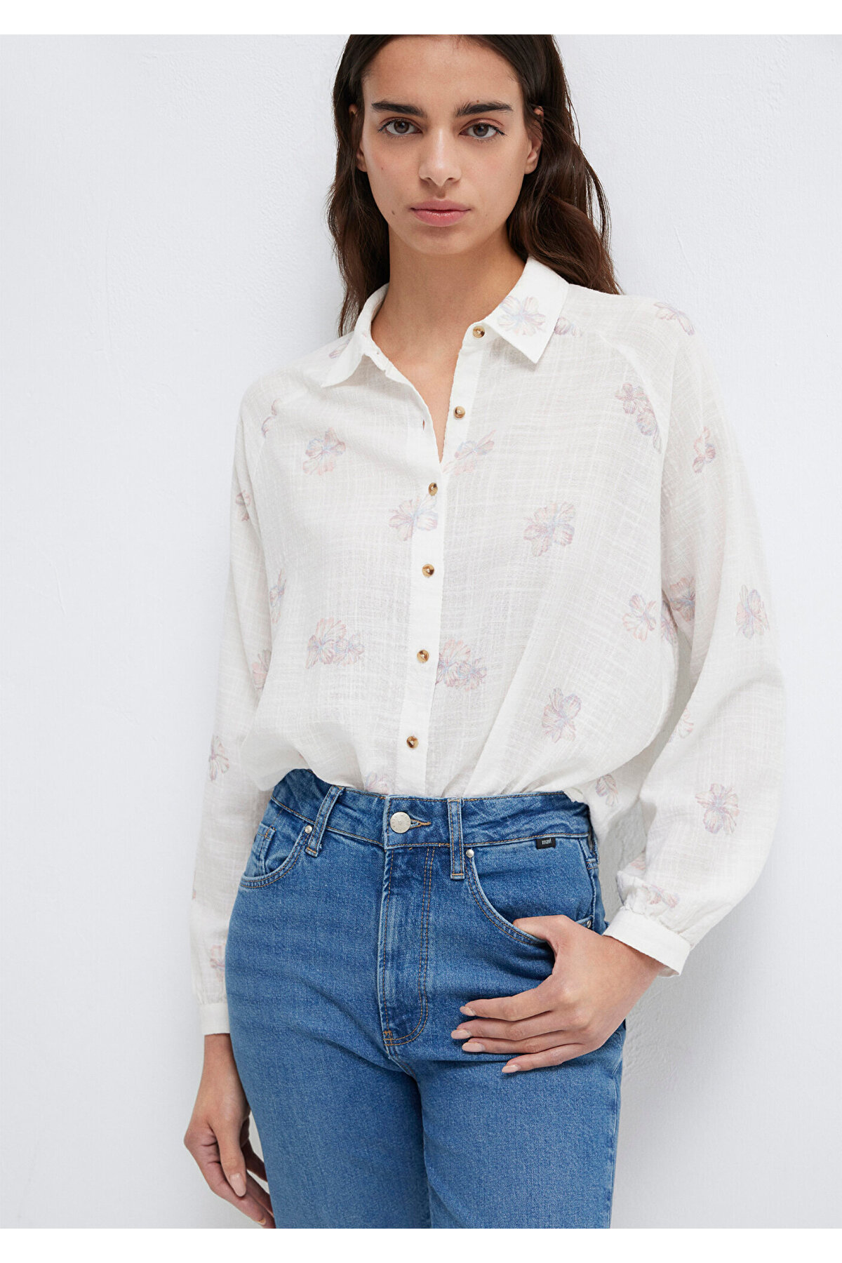 Çiçek Baskılı Ekru Gömlek Loose Fit / Bol Rahat Kesim 122514-91496 — صورتی — تصویر 3 از 8