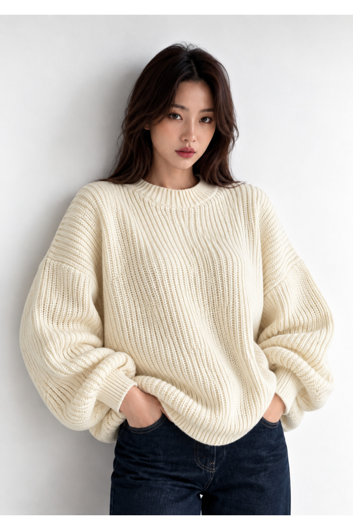 Kırlangıç Moda Ekru Oversize Bisiklet Yaka Kadın Triko Kazak görsel 7