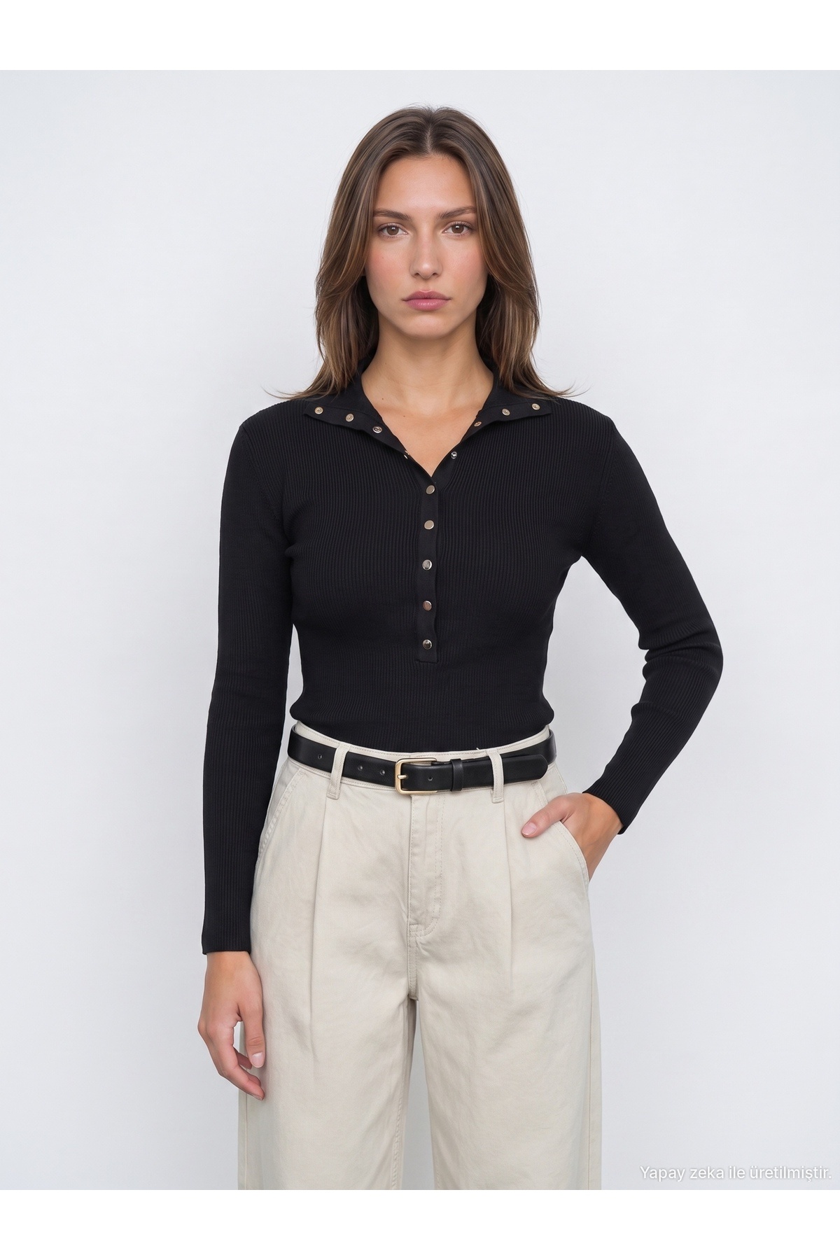 Dilvin 10686 Dik Yaka Çıtçıtlı Triko Kazak-Siyah görsel 3