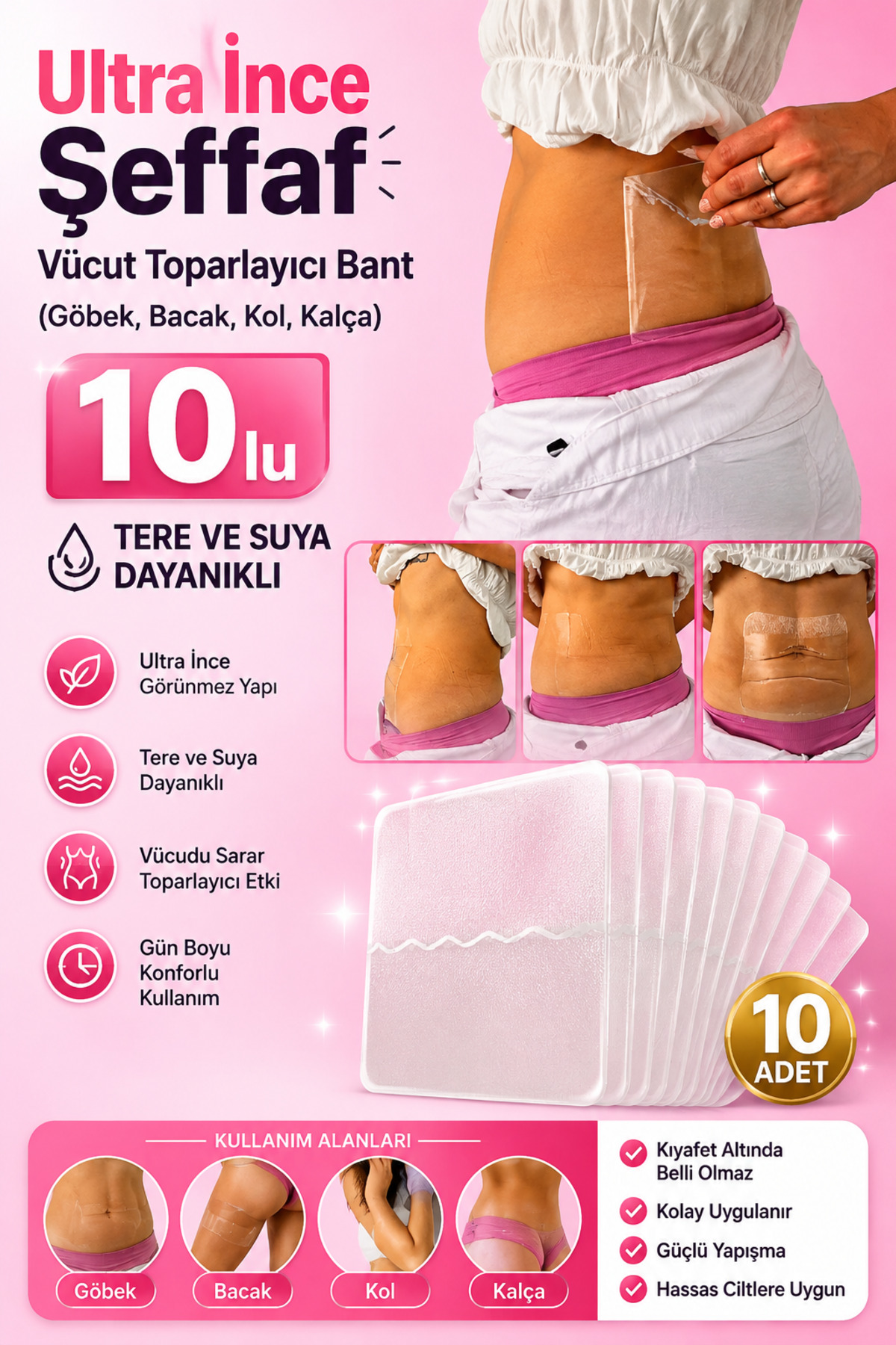 NQX PULL PROFESSIONAL Vücut Toparlayıcı Bant Ultra İnce Şeffaf (Göbek, Bacak, Kol, Kalça) 10-lu görsel 2