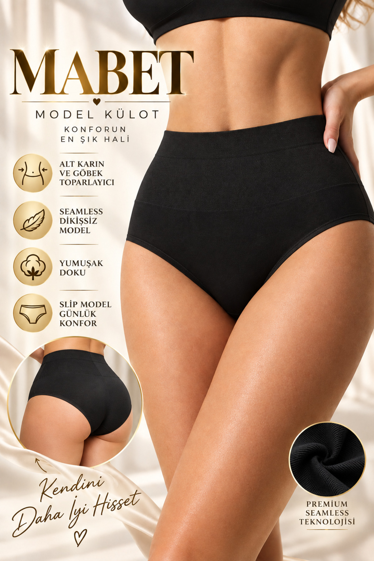 MİSTİRİK Mabet Bel Bölgesi Etkili Hafif Toparlayıcı Seamless dikişsiz Slip Külot Siyah Renk