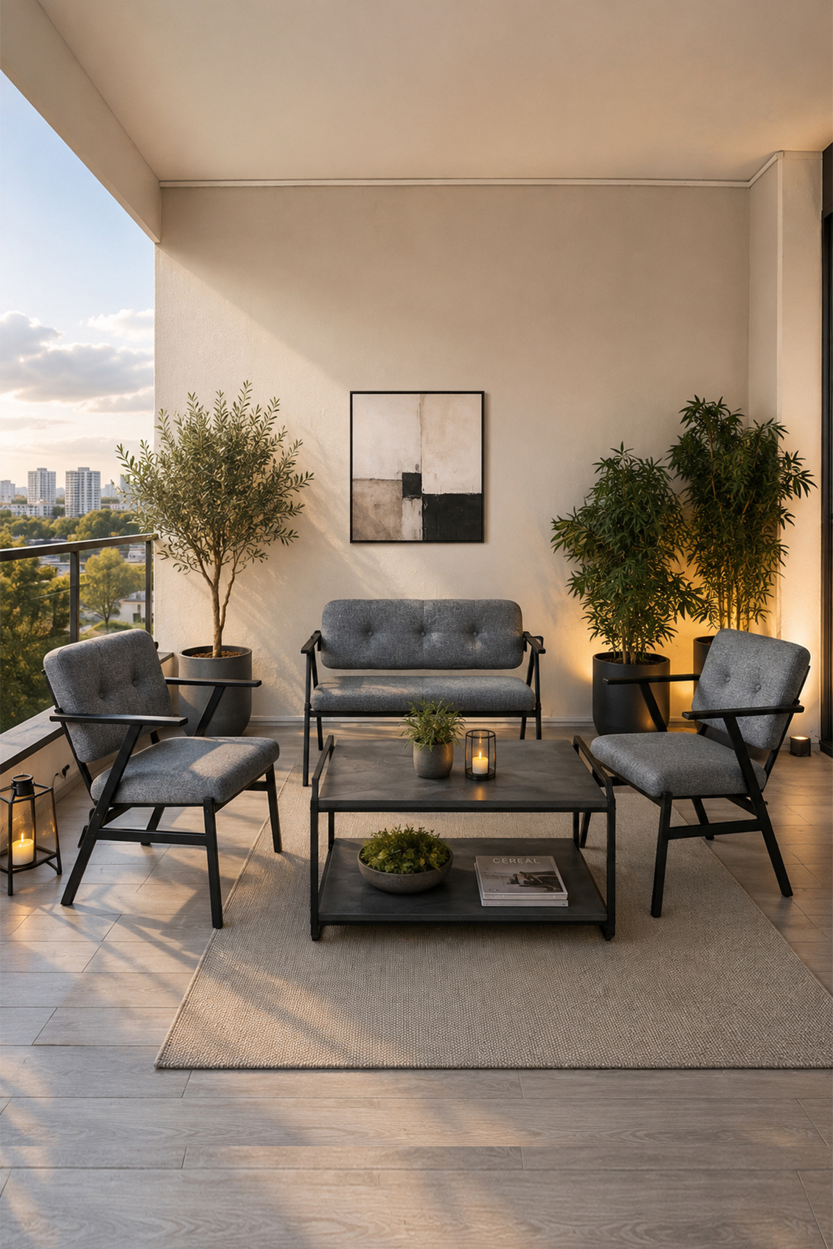OPERA Bahçe & Balkon Oturma Grubu Gri 2 Tekli Koltuk, 1 İkili Koltuk ve Sehpa 2+1+1 Sehpalı Çay Seti