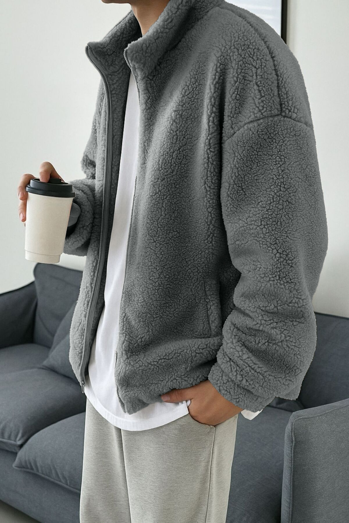 GHASSY CO Erkek Pro Termal İç Dış Sherpa Sonbahar Kış Tam Fermuarlı Peluş Sweatshirt görsel 3