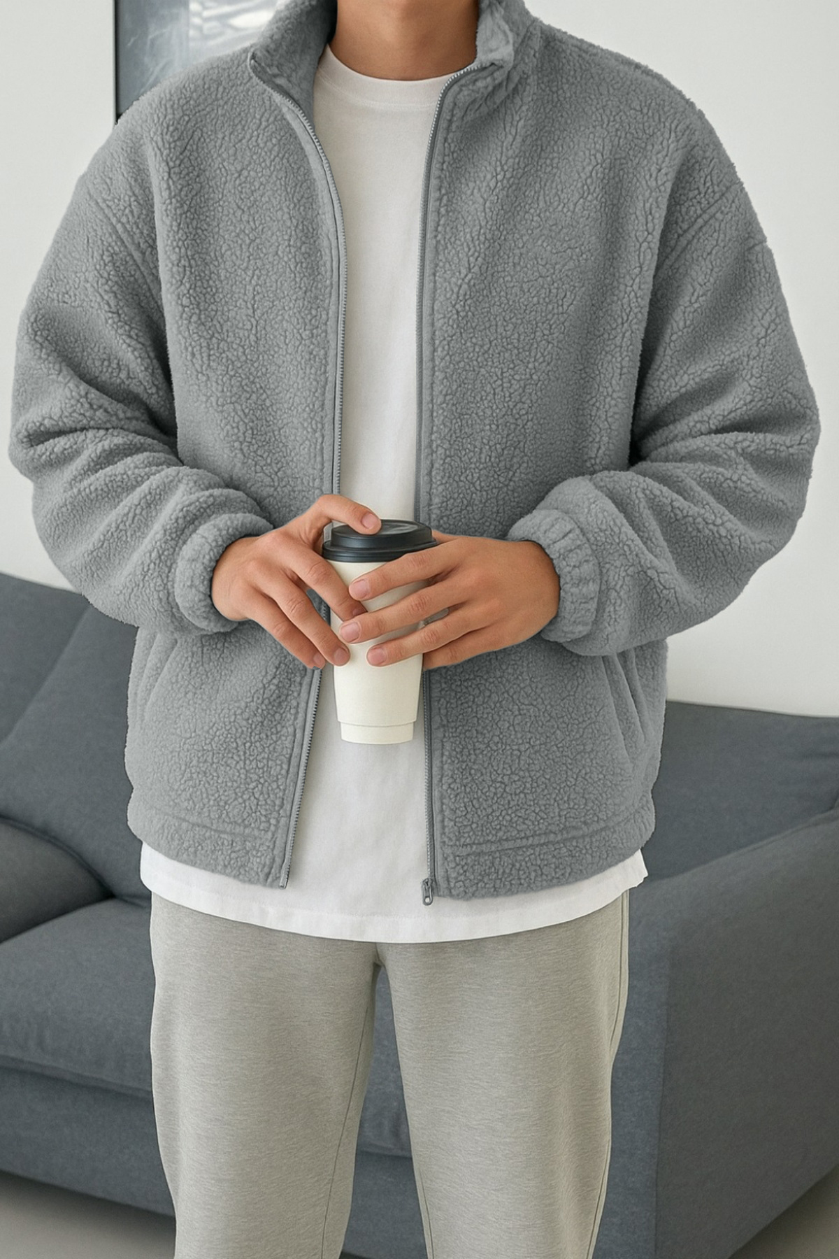 GHASSY CO Erkek Pro Termal İç Dış Sherpa Sonbahar Kış Tam Fermuarlı Peluş Sweatshirt