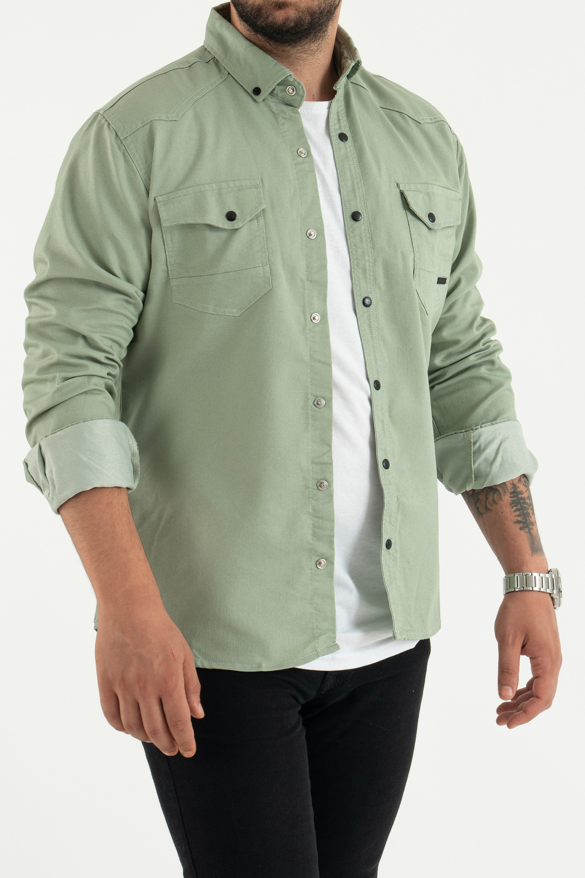 Slim Fit Erkek Kot Gömlek Su Yeşili 5XL BEDEN 110-115 KİLO — سبز 00064 — تصویر 3 از 7