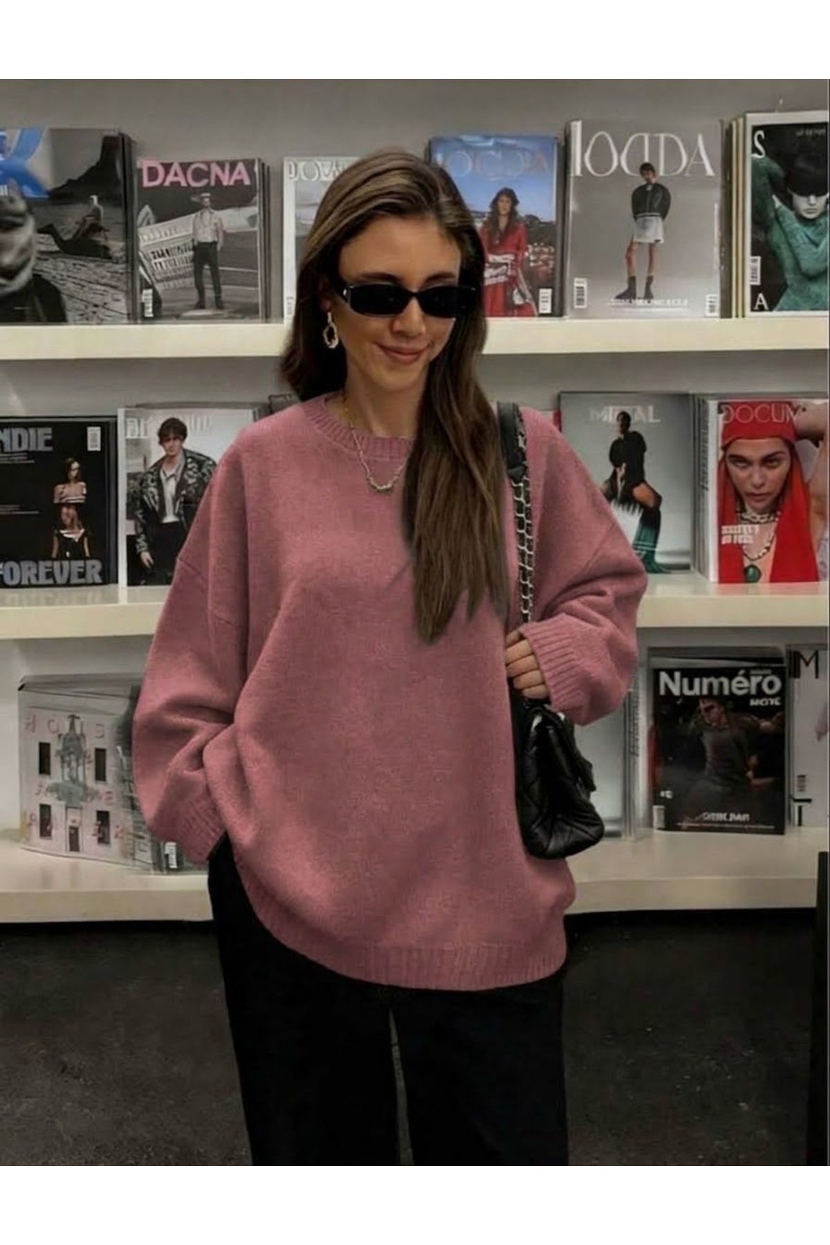 moda mh OVERSİZE KALIP YUMUŞAK DOKULU BİSİKLET YAKA BASİC TRİKO KADIN KAZAK< görsel 2