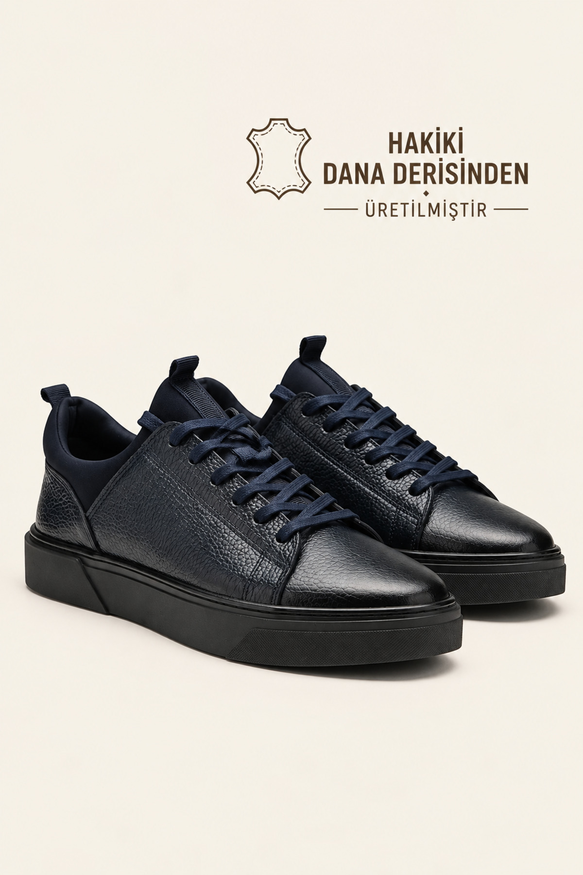 VARNAS Erkek Lacivert Hakiki Deri Streç Ağızlı Bağcıklı Günlük Sneaker- Milano