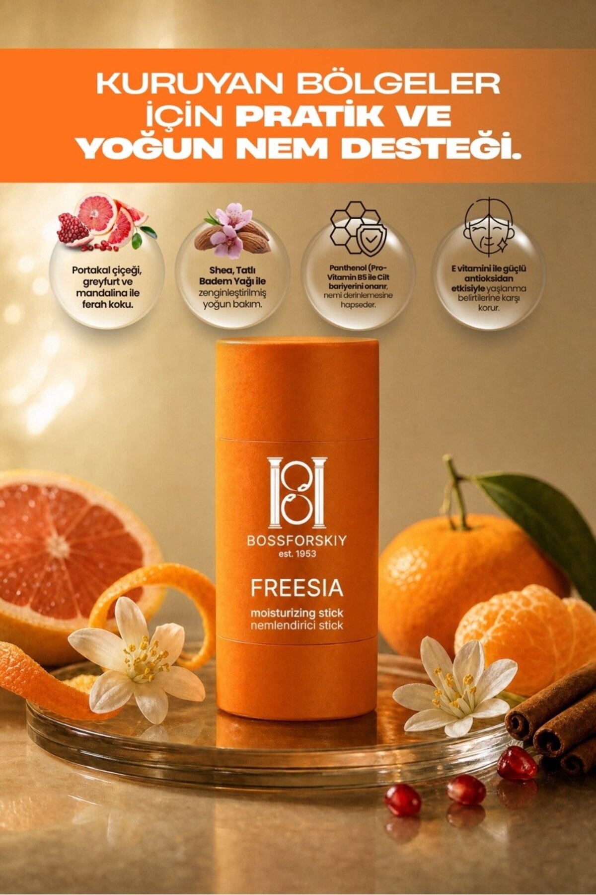 Bossforskiy Freesia Yoğun Nemlendirici Bakım Stick – El, Dirsek, Diz, Topuk ve Kuru Bölgeler İçin – Shea Butter, Badem Yağı, B5 & E Vitamini – 30 g — BSF-005