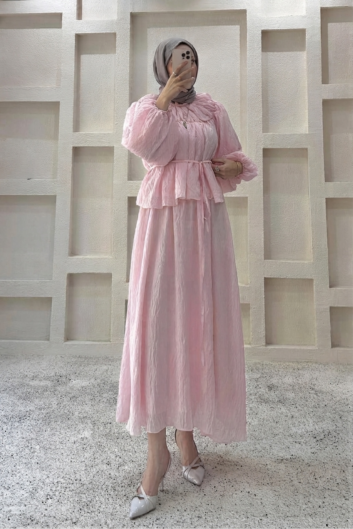 Moda Aydın Butik Kadın Büzgülü Kraşlı Etekli Takım - Pembe görsel 4