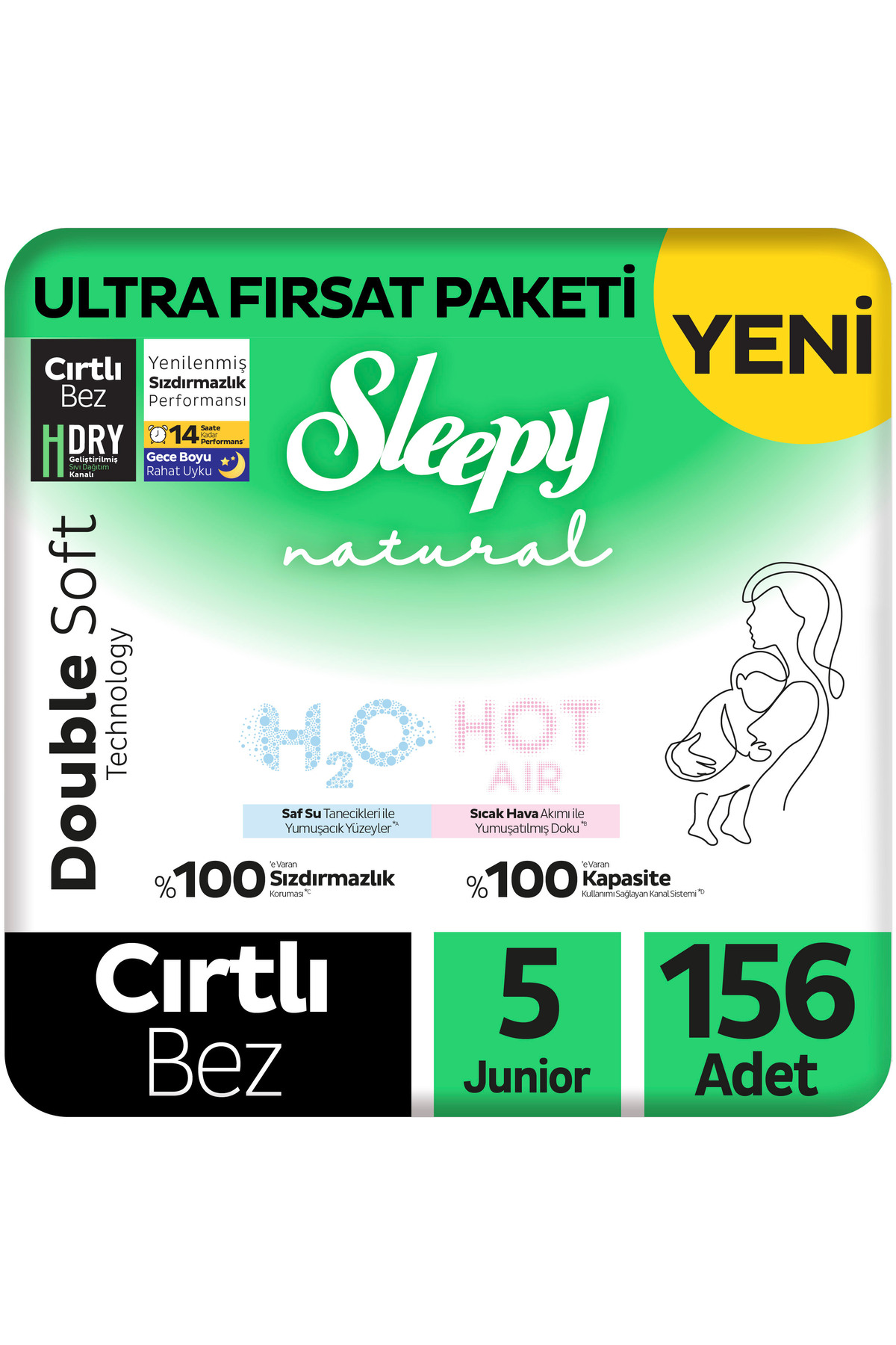 Sleepy Natural Double Soft Ultra Fırsat Paketi Bebek Bezi 5 Numara Junior 156 Adet