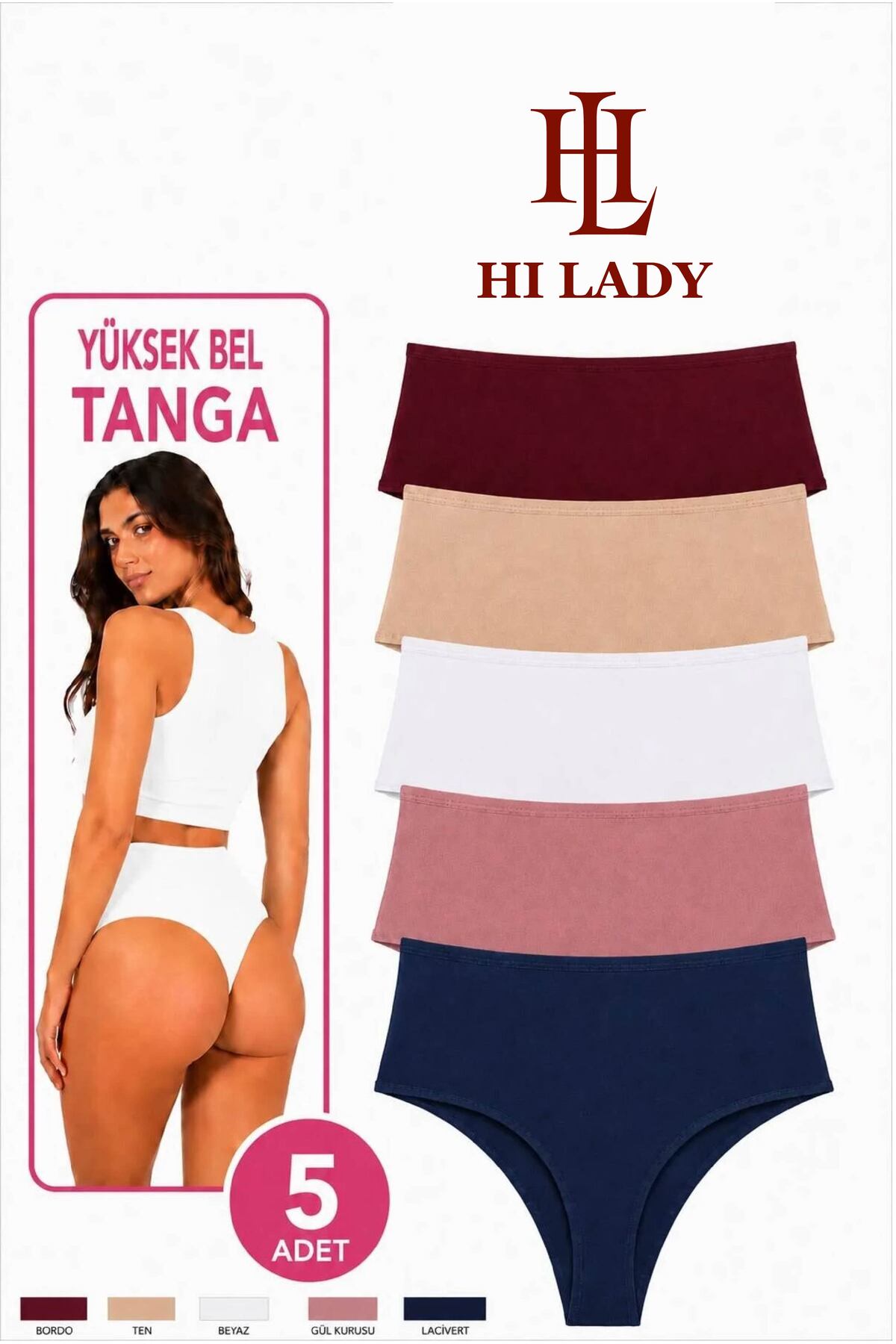 Hilady Kadın Tanga, Yüksek Bel Tanga 5'li Paket, String Tanga Külot, Pamuklu Kumaş