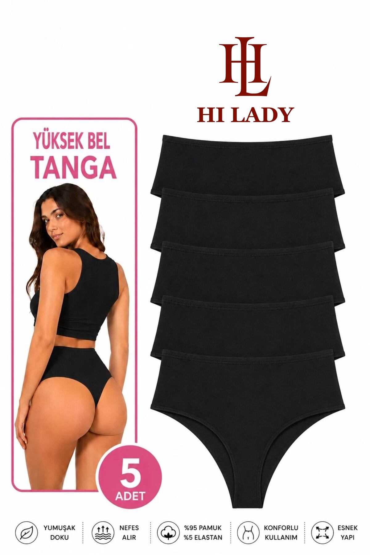 Hilady Kadın Tanga, Yüksek Bel Tanga 5'li Paket Siyah String Tanga Külot Pamuklu Kumaş