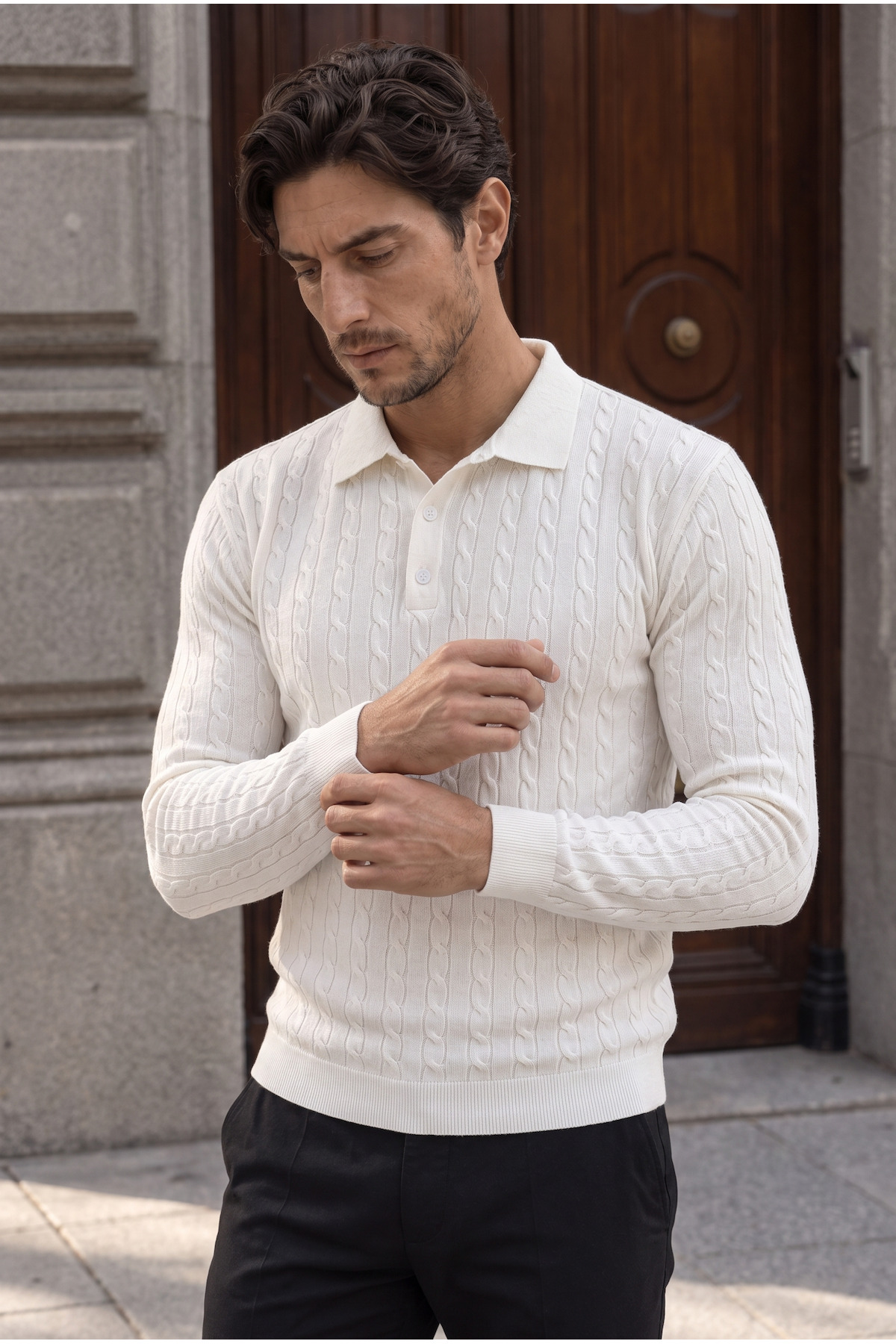 پلیور بافتنی مردانه یقه دکمه‌دار Kieslowski Fine Braid Polo - سفید — سفید BK10023 — تصویر 5 از 6