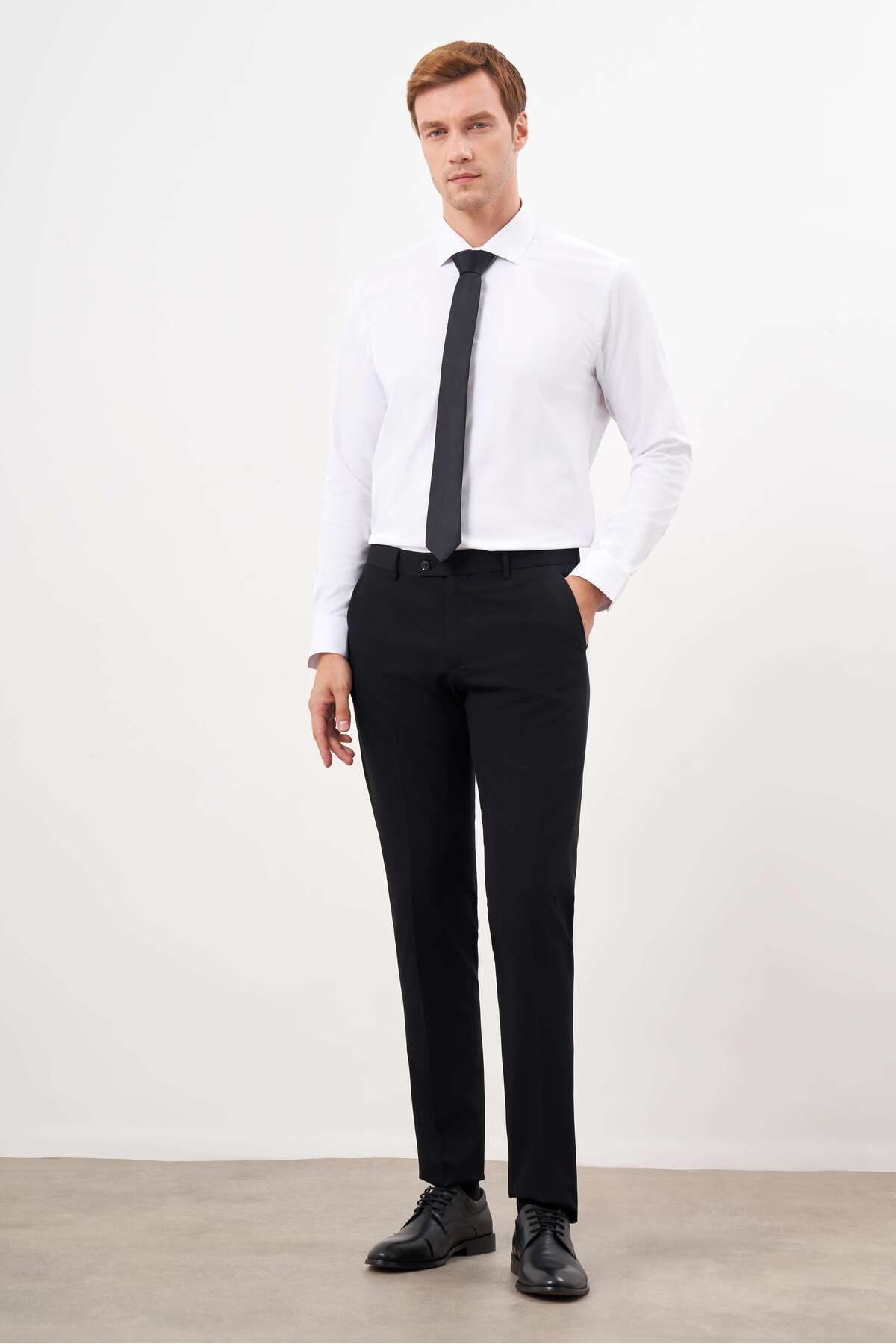 Morven Erkek Siyah Basic Düz Slim Fit 3'lü Takım Elbise Slim Fit Gömlek Düz Kravat görsel 8