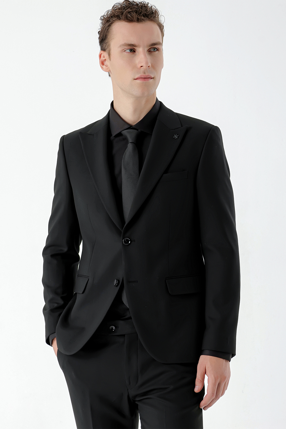 Morven Erkek Siyah Basic Düz Slim Fit Takım Elbise (GÖMLEK,KRAVAT HEDİYE) görsel 3