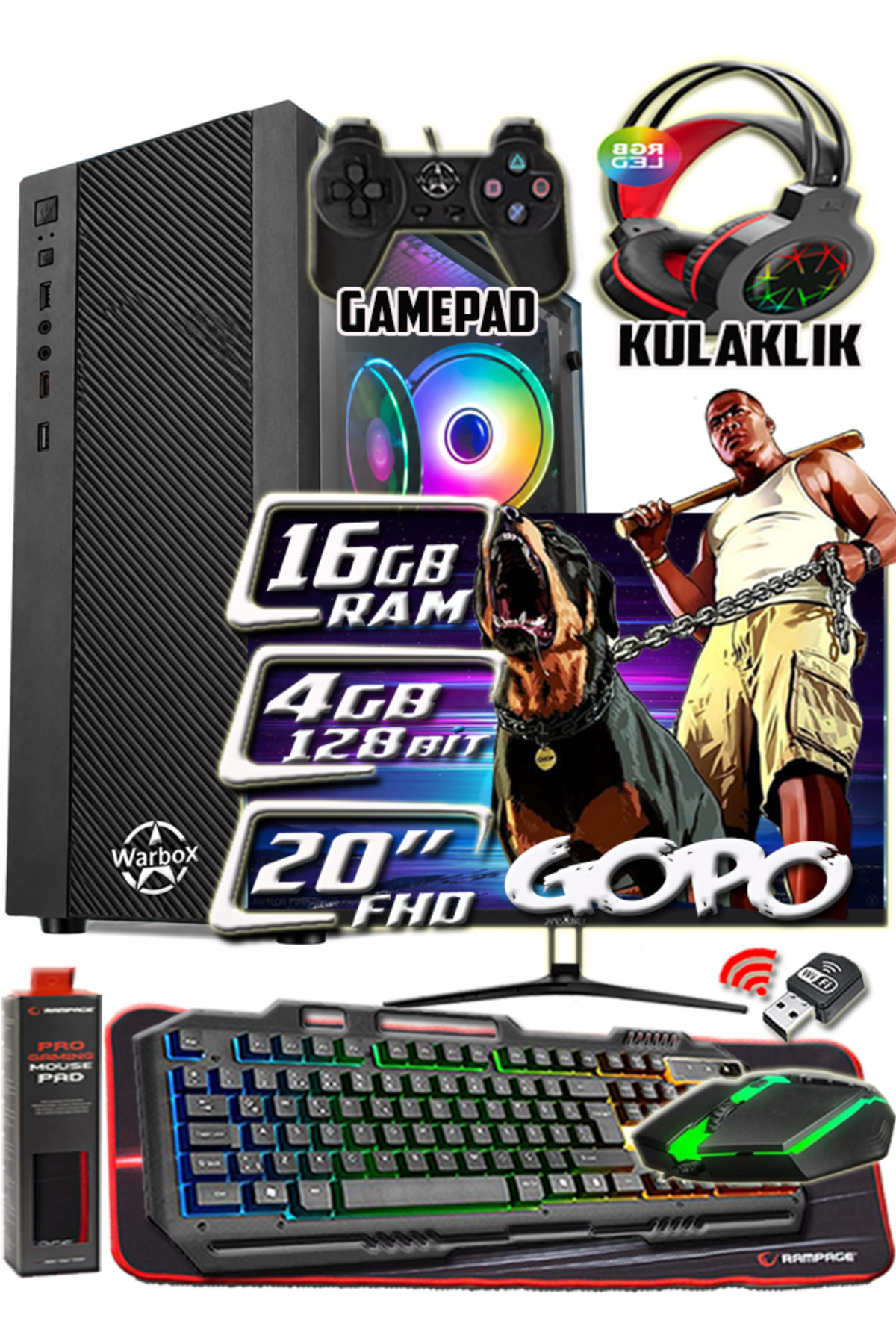 WARBOX GOPO X5650 İşlemci 16gb Ram 256gb SSD 250gb Hdd R7 240-4gb E.kartı 20\" Monitör Gaming PC