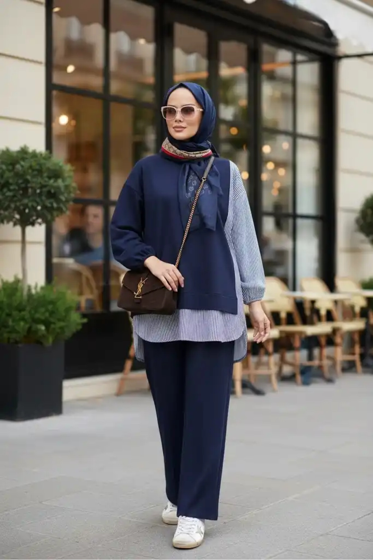 ASEL FASHİON Kadın Tesettür Takım Line İkili Takım Gömlek Lacivert görsel 2