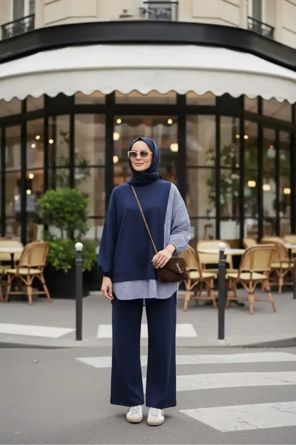 ASEL FASHİON Kadın Tesettür Takım Line İkili Takım Gömlek Lacivert görsel 5