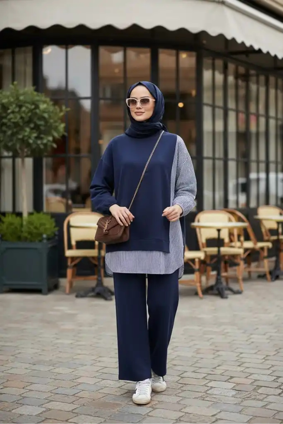 ASEL FASHİON Kadın Tesettür Takım Line İkili Takım Gömlek Lacivert görsel 6