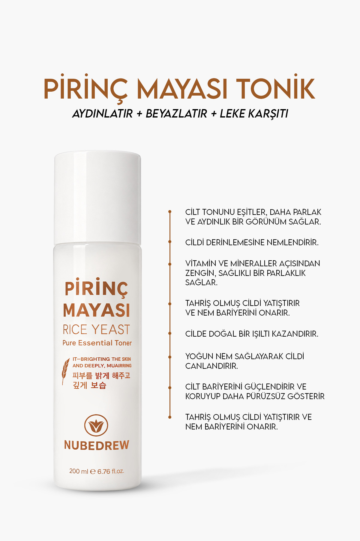 Pirinç Mayası Tonik 200 ml Aydınlatıcı Beyazlatıcı Leke Karşıtı Nemlendirici Bakım Etkili — NUBED-2331 — تصویر 5 از 9