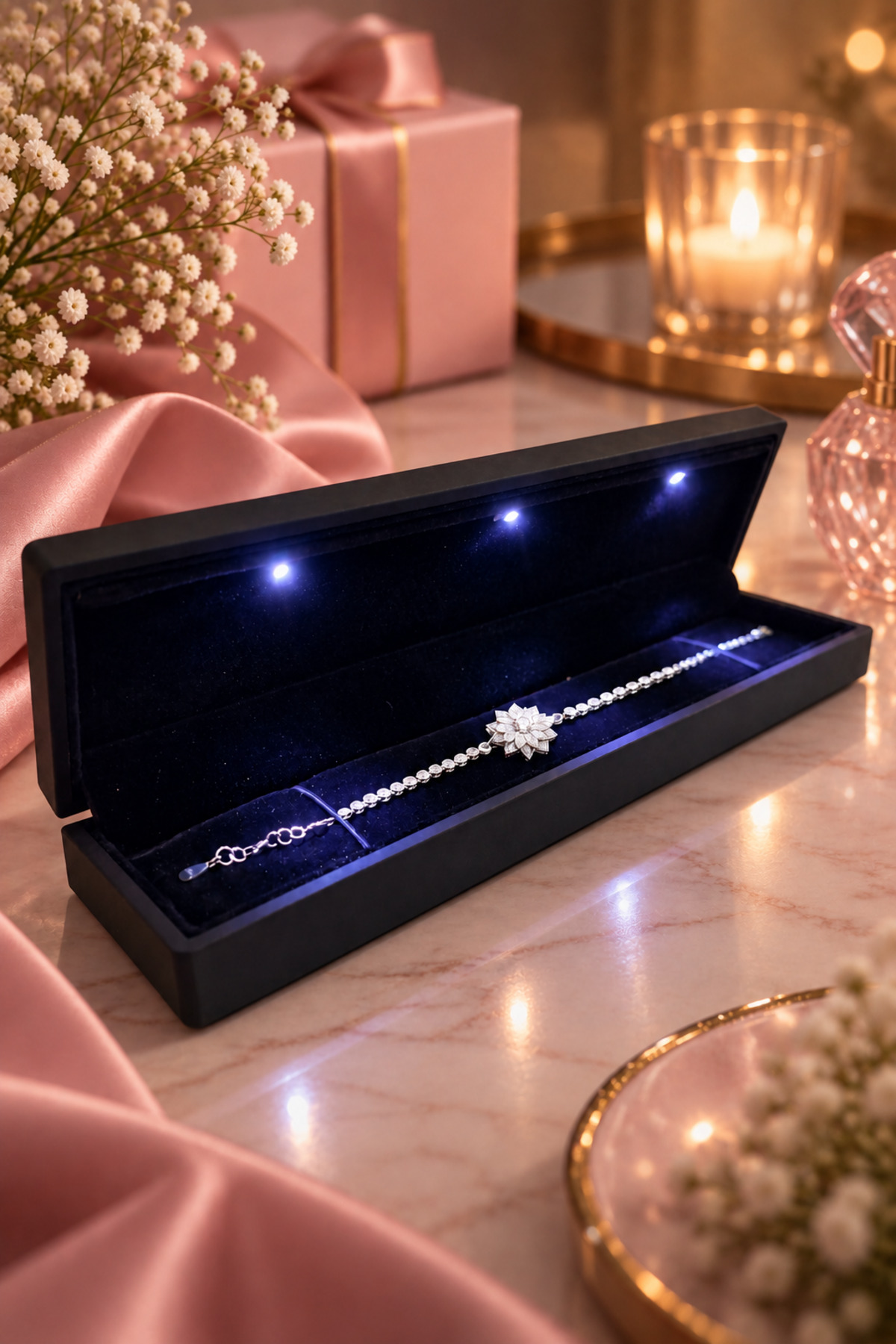 Silvano Jewelry 925 Ayar Gümüş Çiçek Lotus Motifli Zirkon Taşlı Işıklı Kutulu Kadın Bileklik