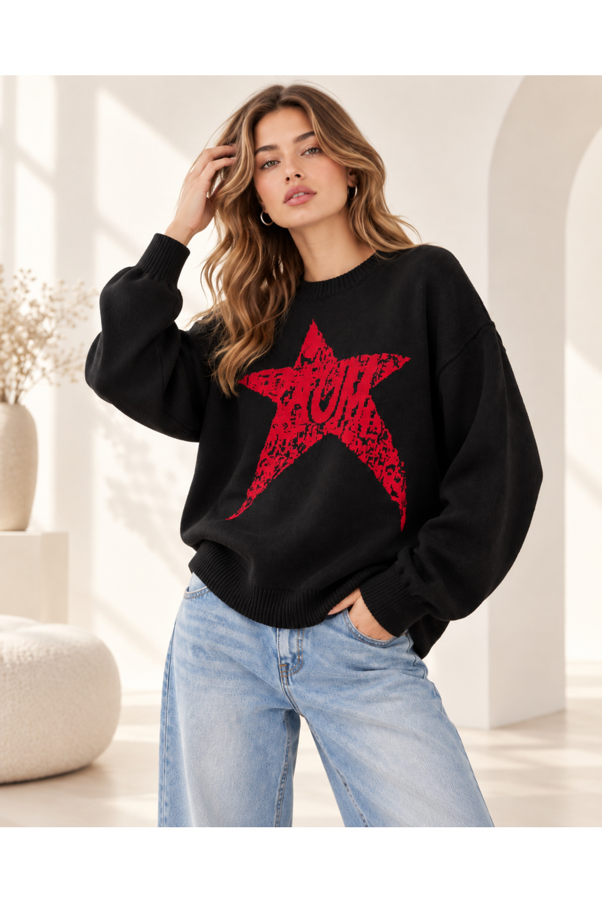 Kadın YILDIZ Oversize Triko Kazak - Yumuşak Dokulu Bisiklet yaka — مشکی TYC20867040DEDCA472829A00 — تصویر 2 از 4