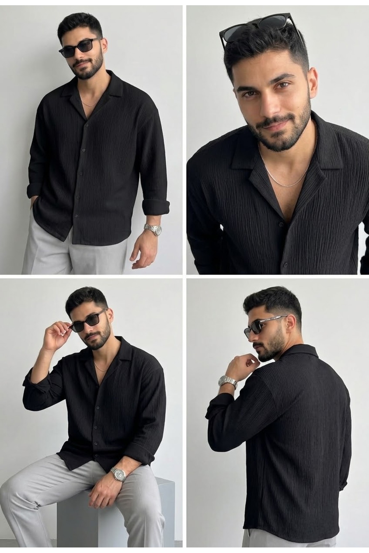 bb butik basic Ütü İstemeyen Oversize esnek Bürümcük kumaş Gömlek SİYAH görsel 5