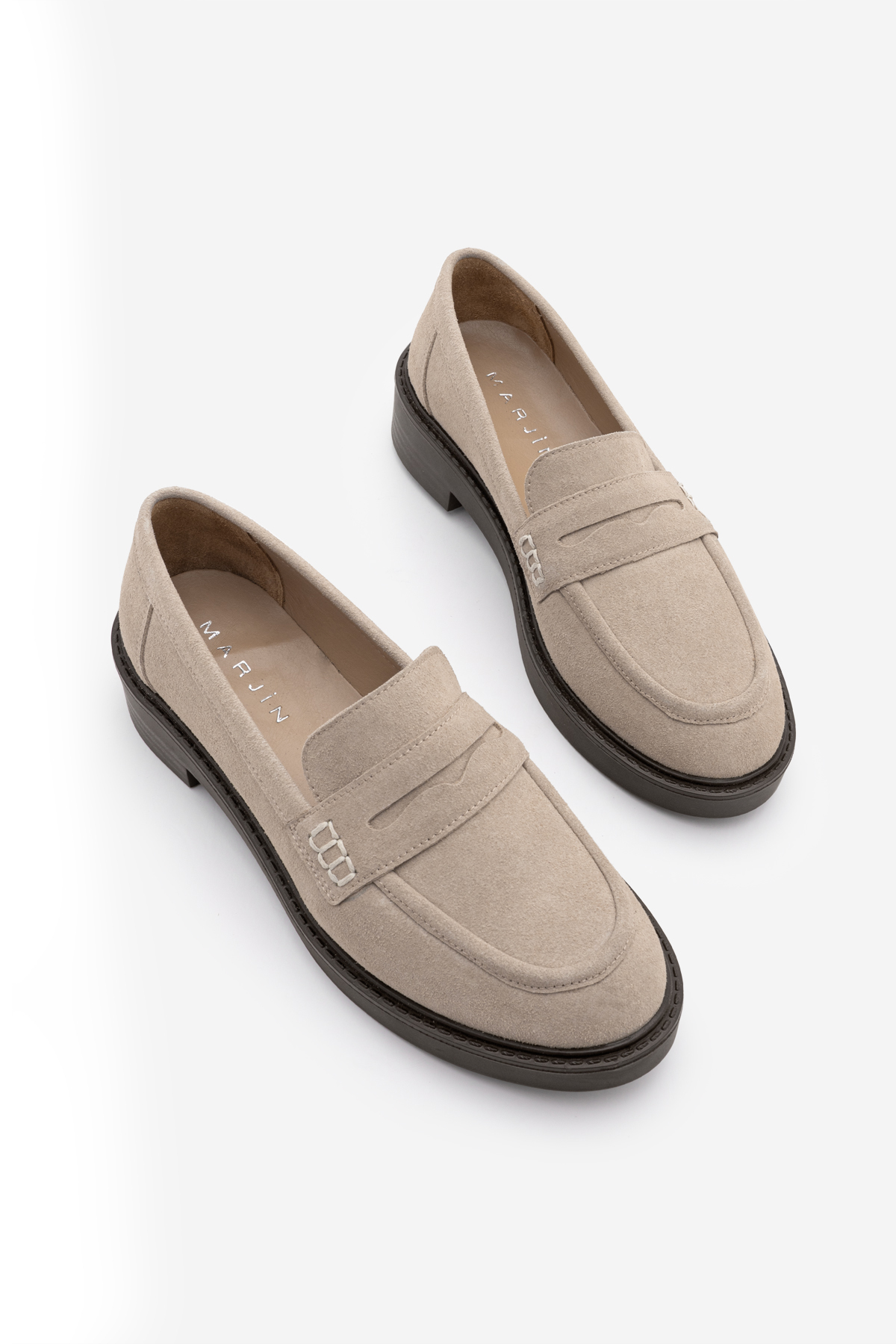 Marjin Kadın Loafer Günlük Klasik Ayakkabı Casual Makosen Fonle Bej Süet