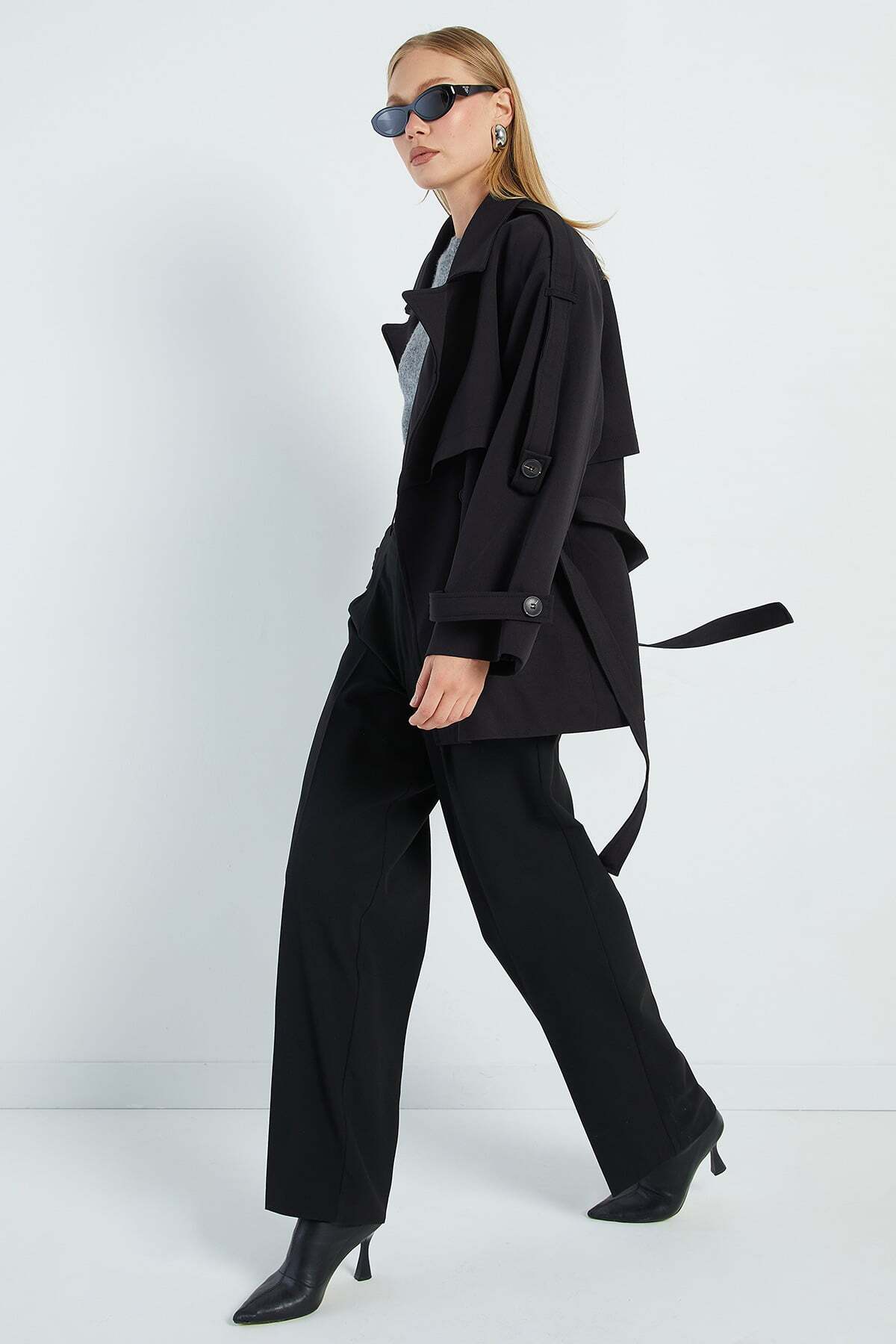 Fulla Moda Beli Kemerli Kruvaze Yaka Oversize Trençkot görsel 3
