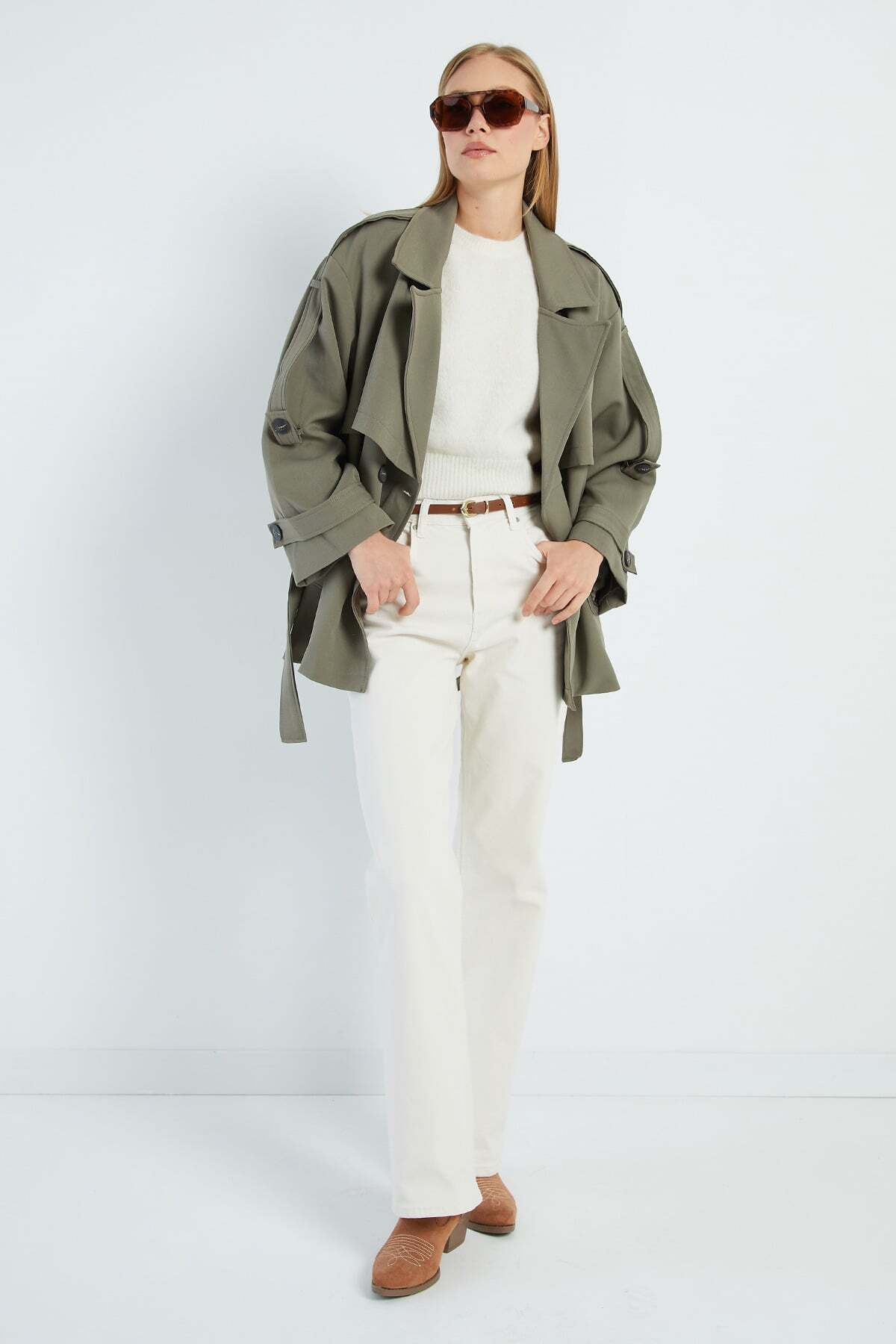 Fulla Moda Beli Kemerli Kruvaze Yaka Oversize Trençkot görsel 5