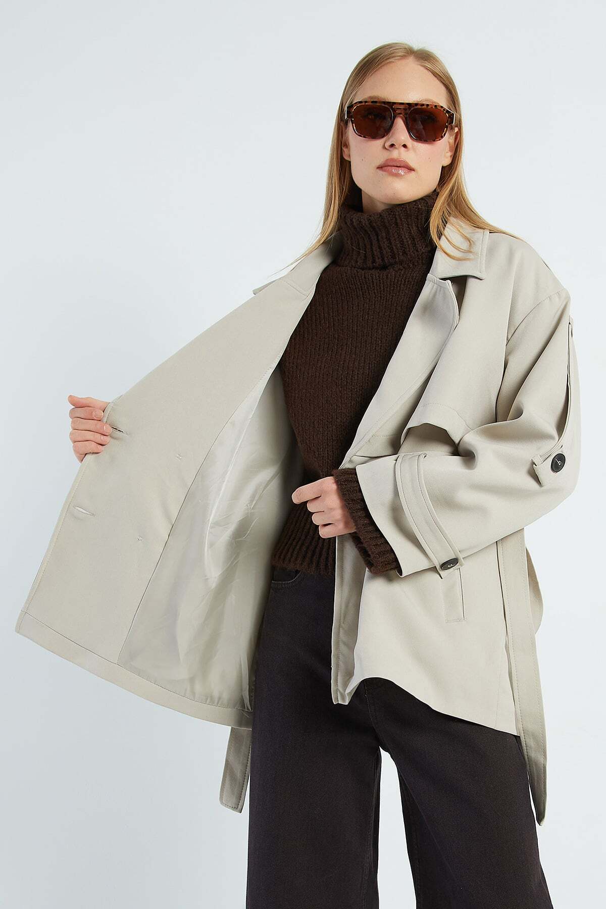 Fulla Moda Beli Kemerli Kruvaze Yaka Oversize Trençkot görsel 3