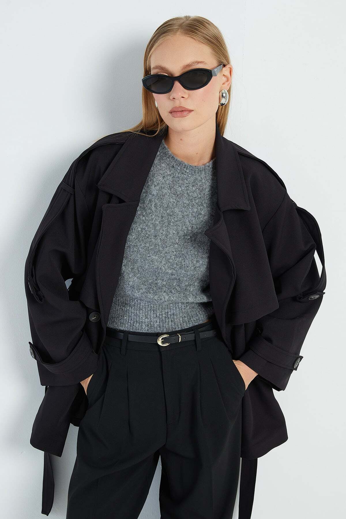 Fulla Moda Beli Kemerli Kruvaze Yaka Oversize Trençkot görsel 4