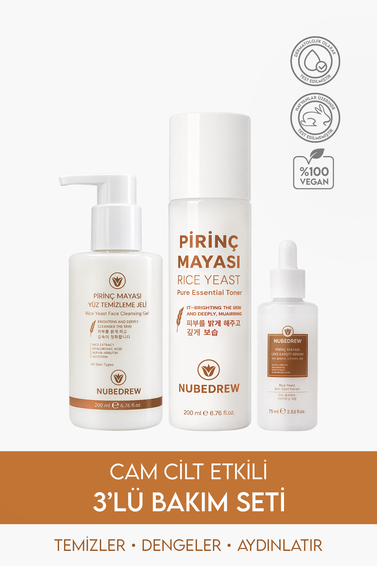 NUBEDREW K-Beauty Cam Cilt Bakım Seti 3'lü – Pirinç Mayası Tonik + Leke Karşıtı Serum + Yüz Temizleme Jeli — 3LÜPİRİNÇBKMSET