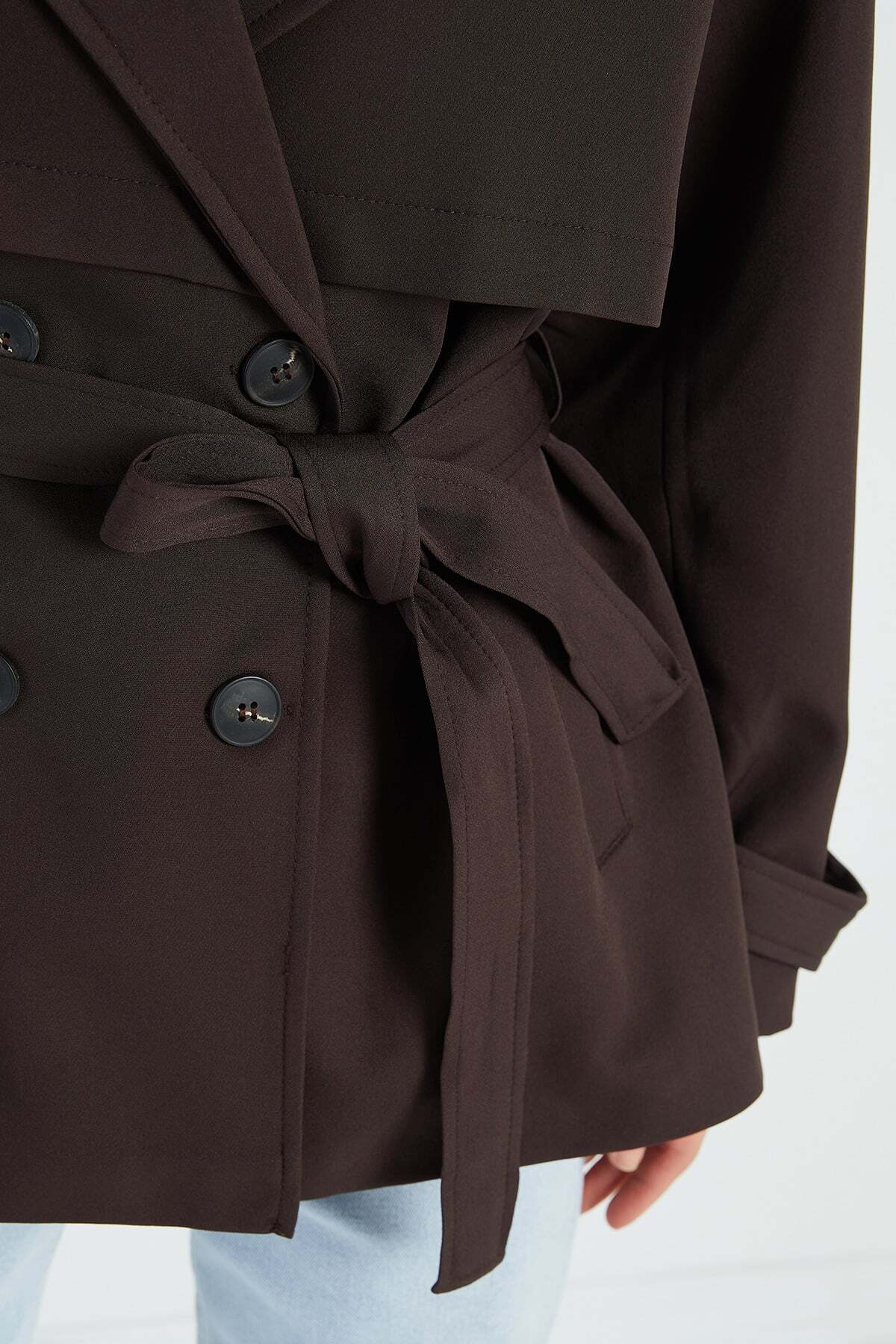 Fulla Moda Beli Kemerli Kruvaze Yaka Oversize Trençkot görsel 6