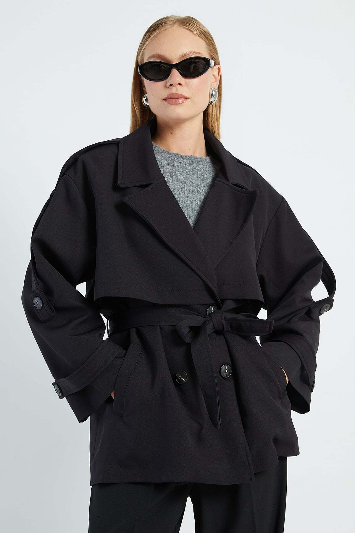 Fulla Moda Beli Kemerli Kruvaze Yaka Oversize Trençkot