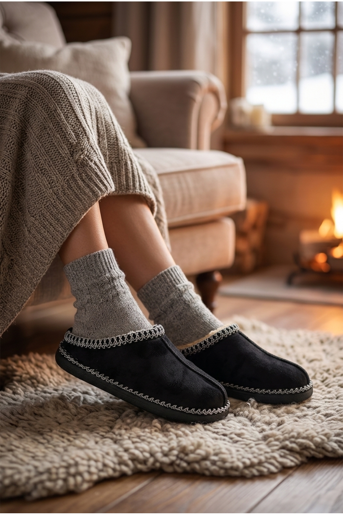 Moda Devrin Siyah Unisex Kalın Taban İçi Kürklü Peluş Ev Terliği / Zikzak Dikişli Konforlu Kışlık Ev Ayakkabısı (Yıkanabilir)