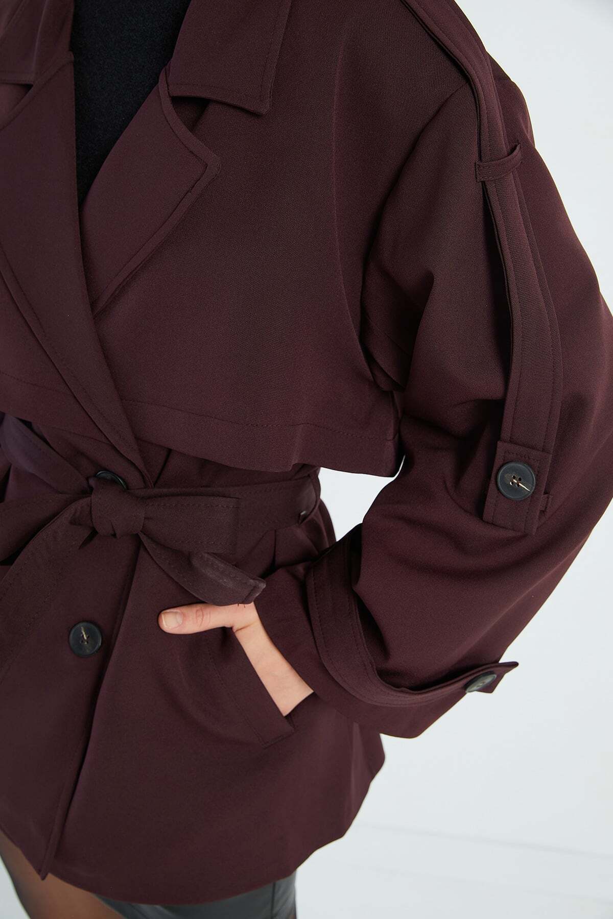Fulla Moda Beli Kemerli Kruvaze Yaka Oversize Trençkot görsel 7