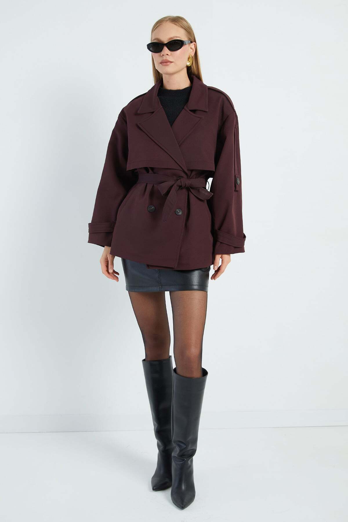 Fulla Moda Beli Kemerli Kruvaze Yaka Oversize Trençkot görsel 5