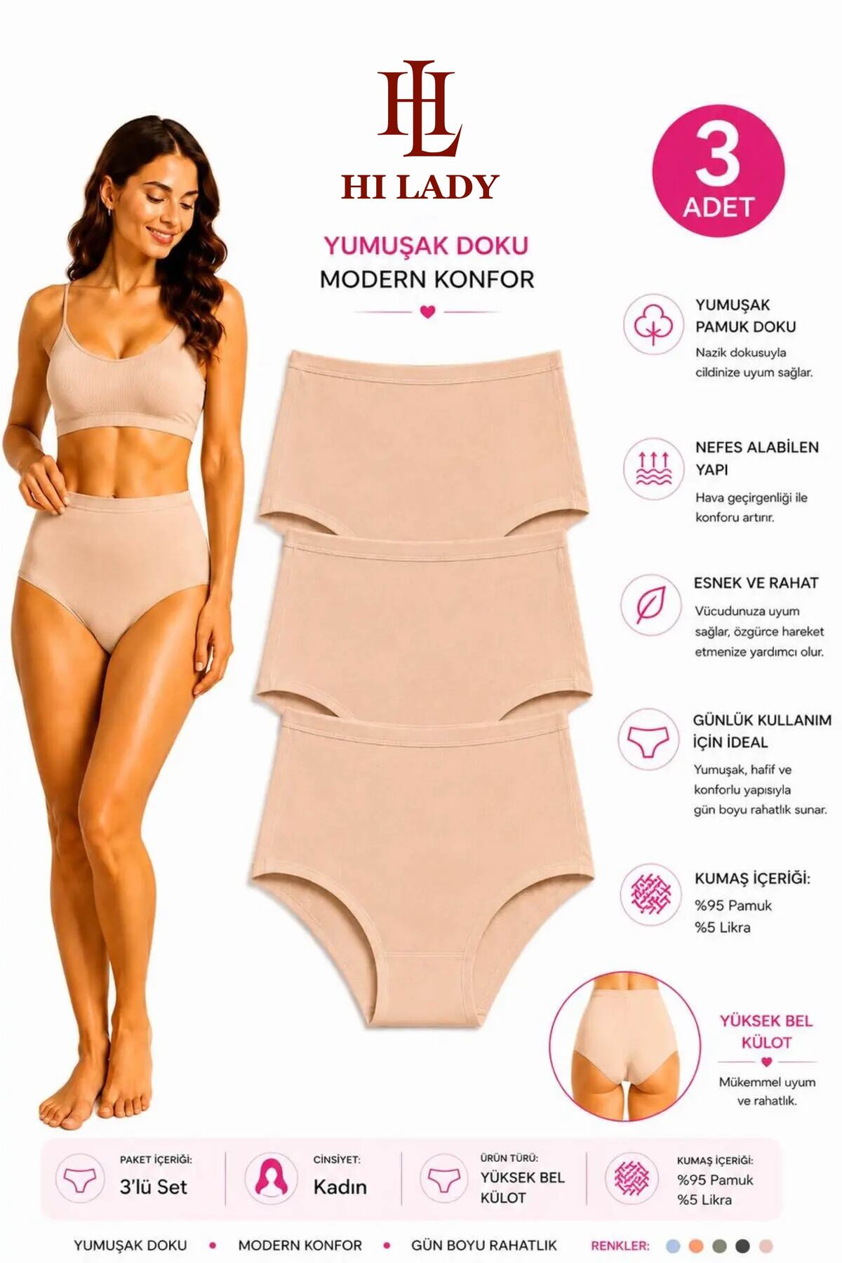 Hilady 3'lü paket yüksek bel ten kadın külot