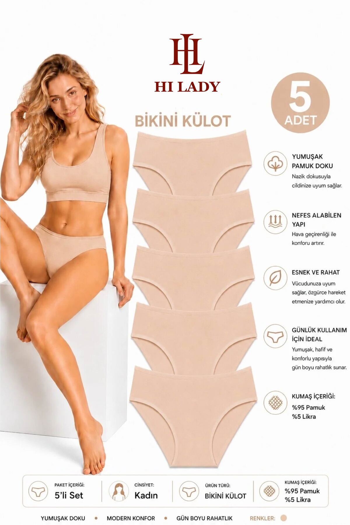 Hilady Kadın Külot 5'li Paket Ten Rengi Pamuklu Esnek Bikini Kalıp