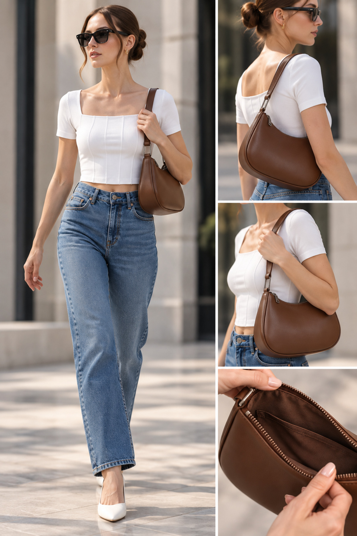 WITH-W Kadın Orijinal Deri Model Kahverengi Baget Omuz Çantası Bagi görsel 3