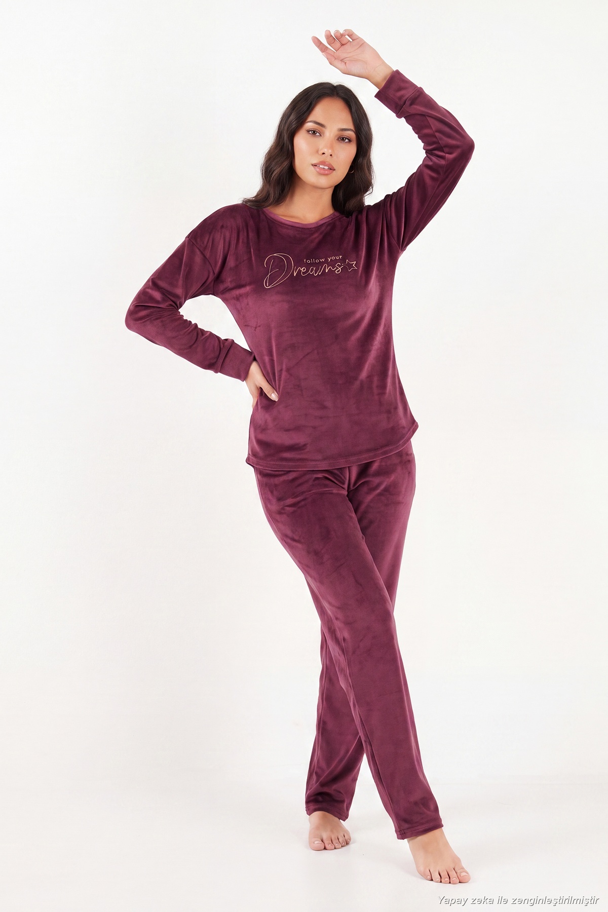 Lela Bisiklet Yaka Yumuşak Dokulu Parlak Kadife Pijama Takımı Kadın PİJAMA TAKIMI 6094209 görsel 2