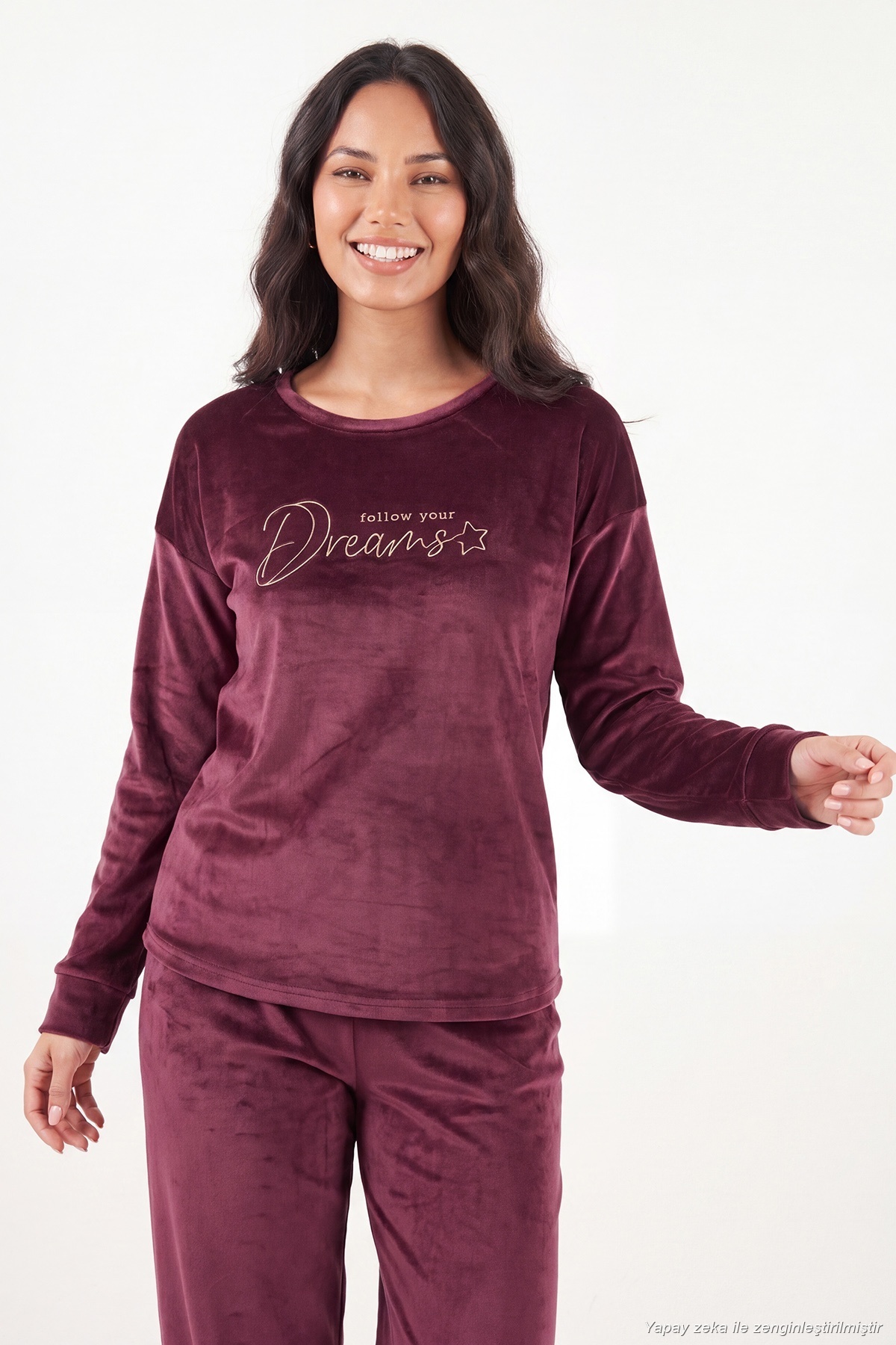 Lela Bisiklet Yaka Yumuşak Dokulu Parlak Kadife Pijama Takımı Kadın PİJAMA TAKIMI 6094209 görsel 4