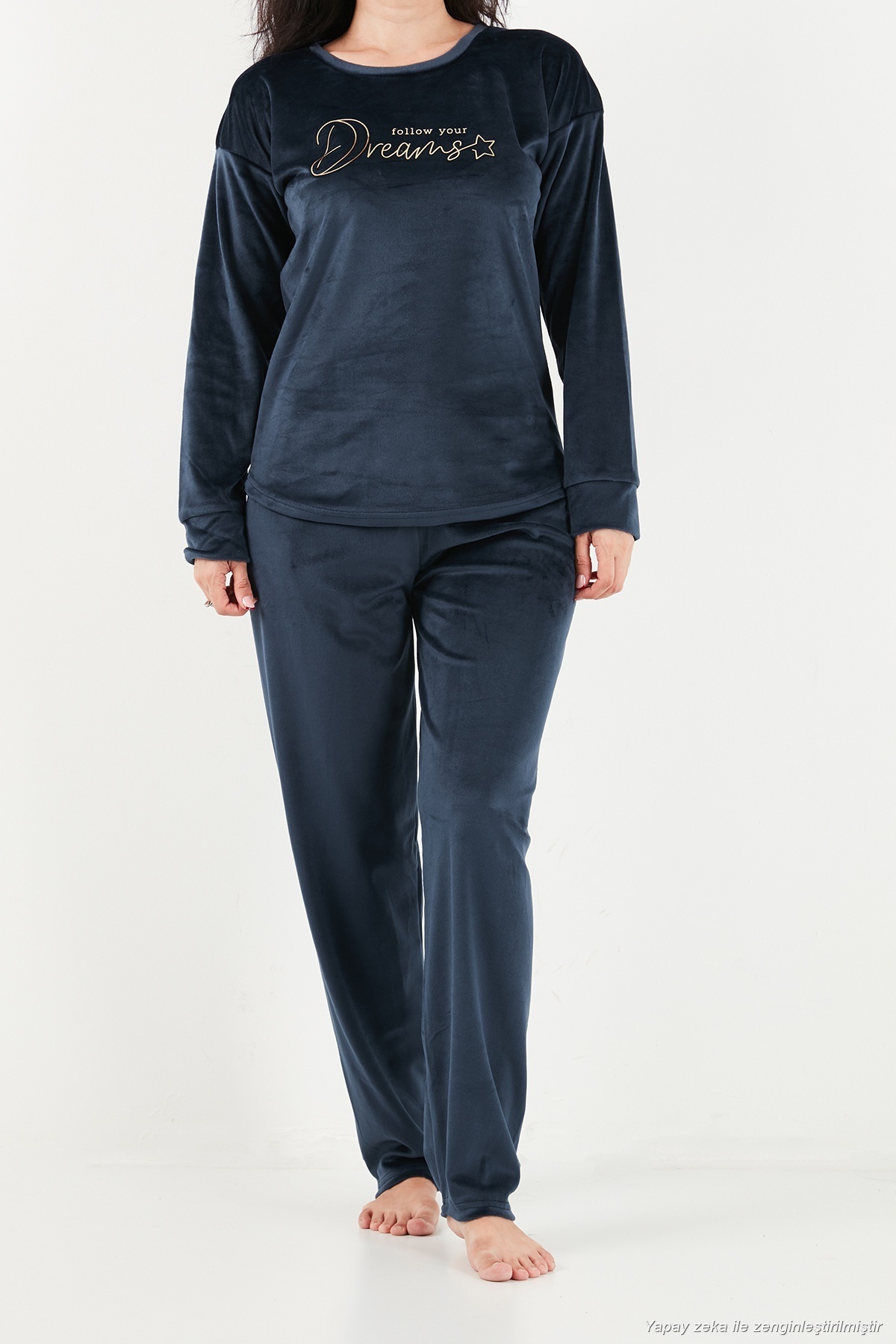 Lela Bisiklet Yaka Yumuşak Dokulu Parlak Kadife Pijama Takımı Kadın PİJAMA TAKIMI 6094209 görsel 6