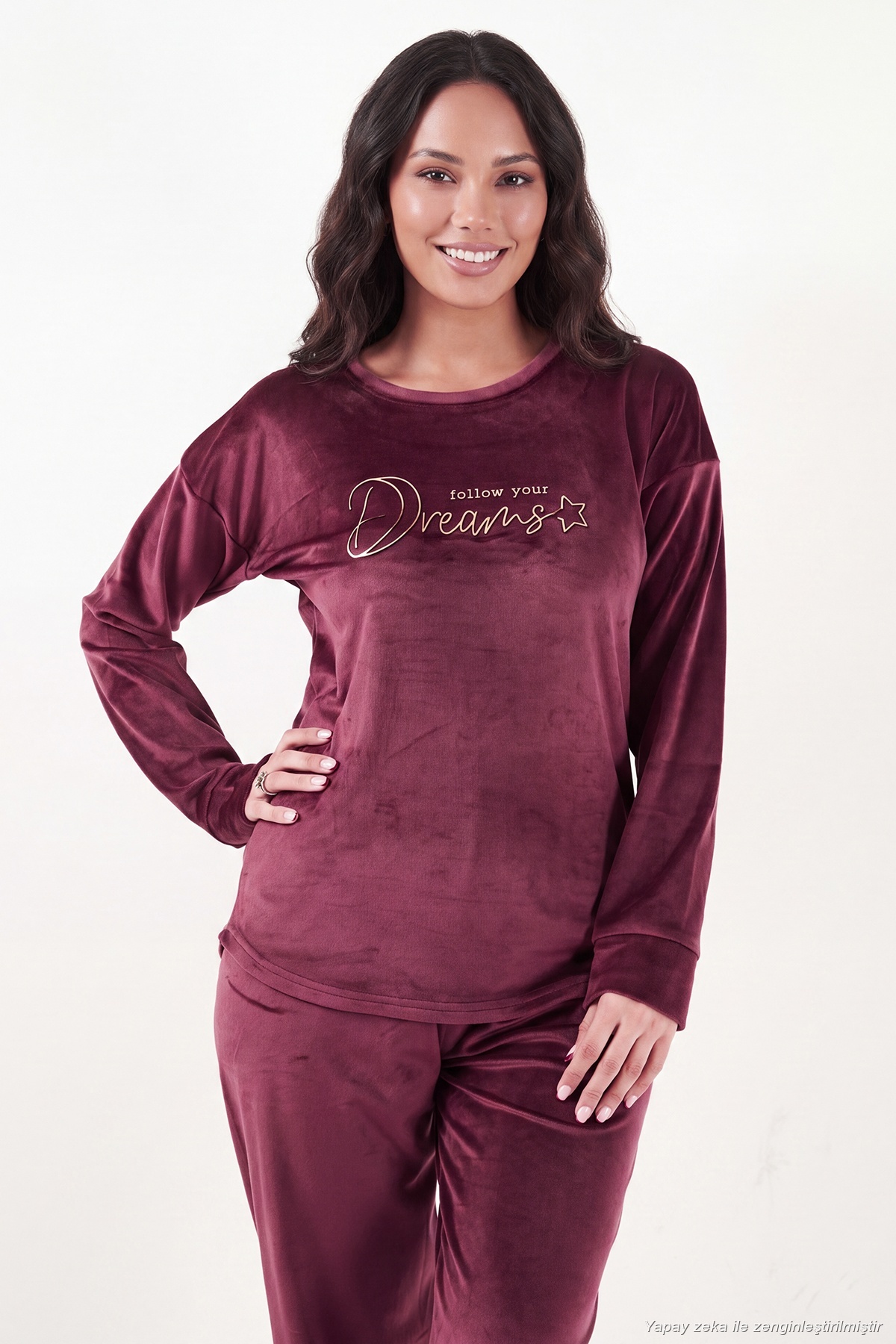 Lela Bisiklet Yaka Yumuşak Dokulu Parlak Kadife Pijama Takımı Kadın PİJAMA TAKIMI 6094209 görsel 5