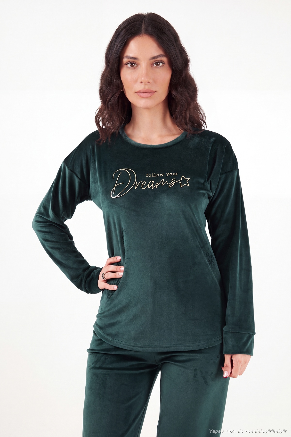 Lela Bisiklet Yaka Yumuşak Dokulu Parlak Kadife Pijama Takımı Kadın PİJAMA TAKIMI 6094209 görsel 3