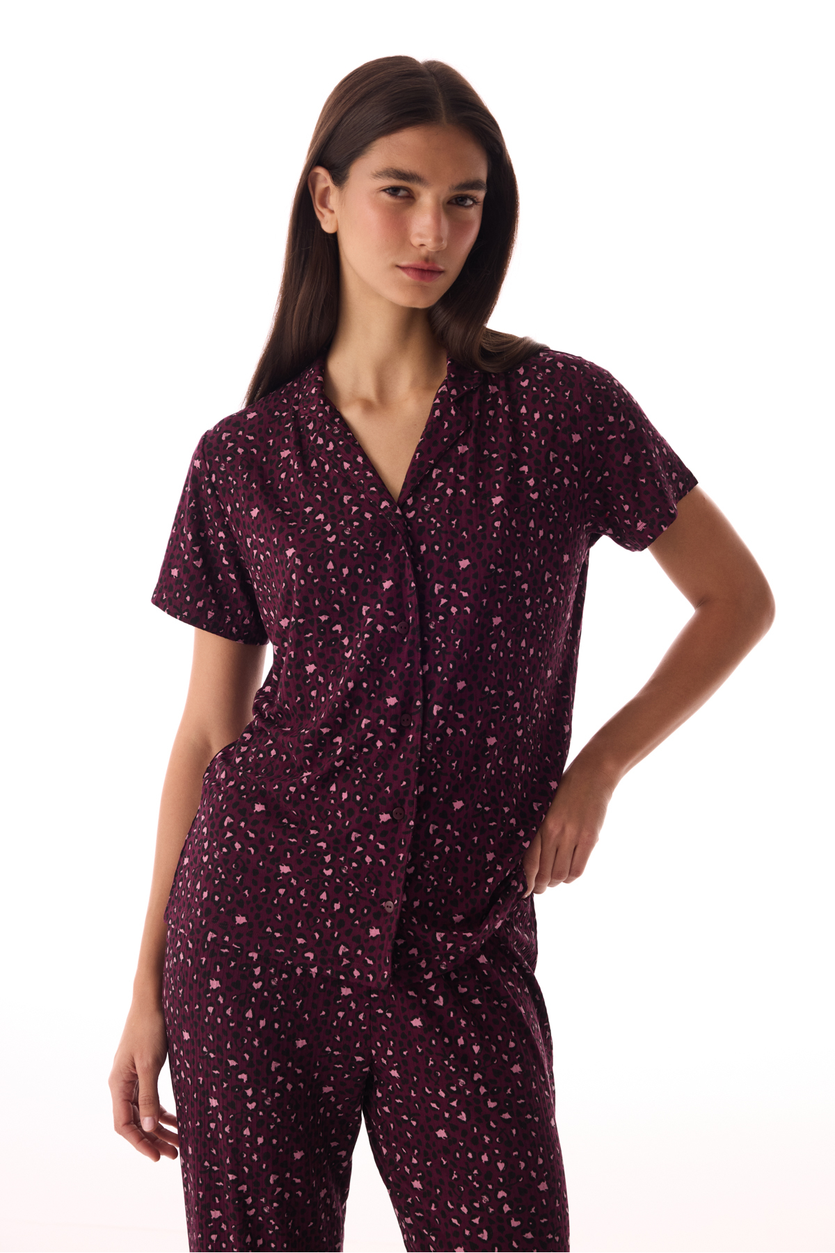Penti Bordo Leopar Fitilli Kısa Kollu Gömlek Pantolon Pijama Takımı görsel 2