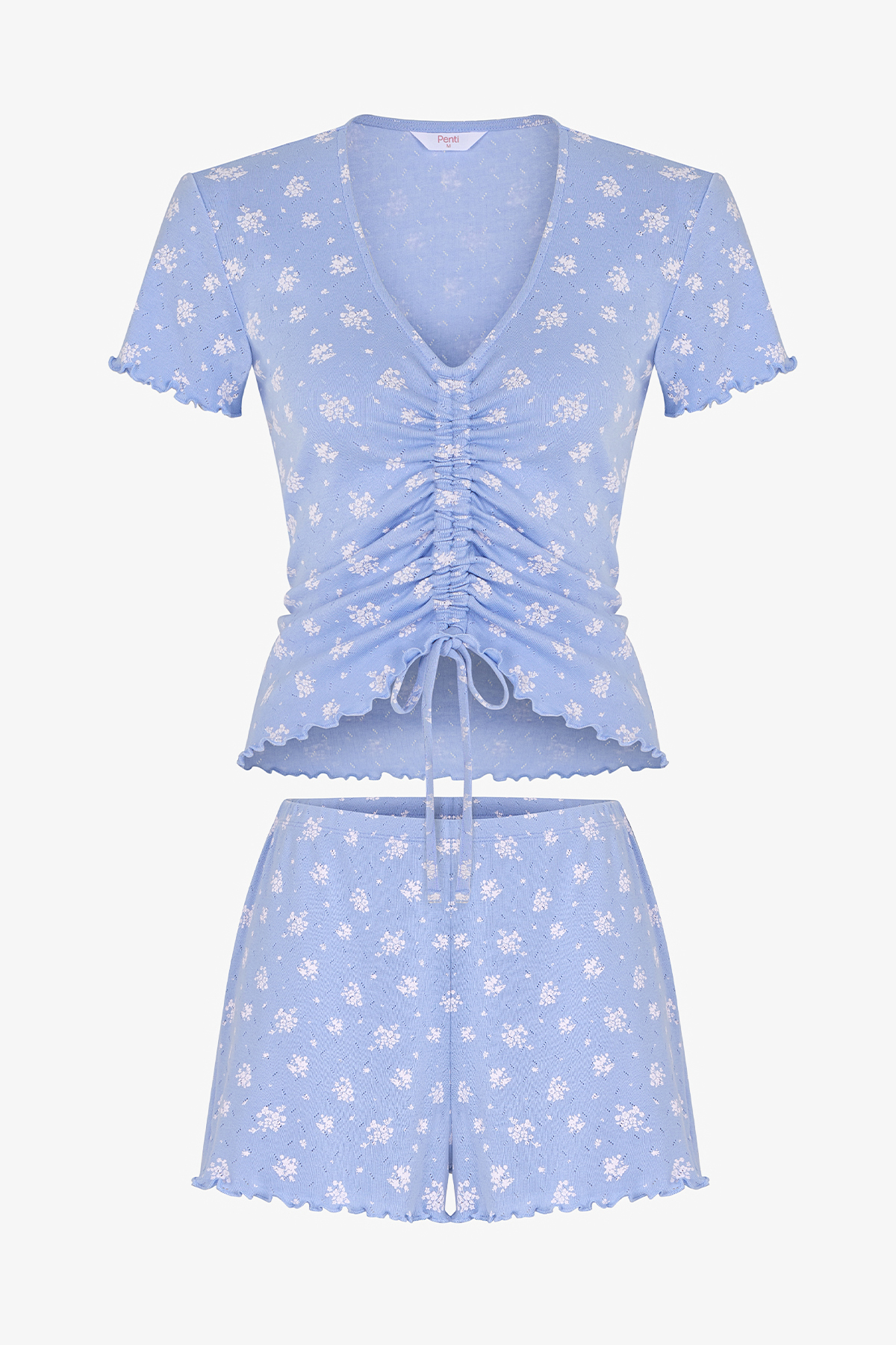 Penti Mavi Coralie Pointel Çıtır Çiçek Desenli Kısa Kollu Şort Pijama Takımı görsel 6