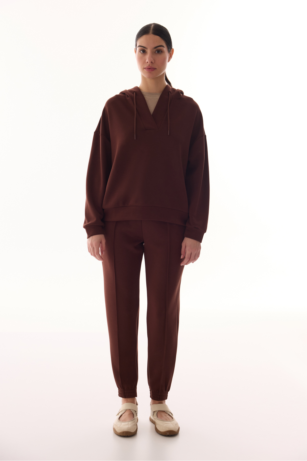 Penti Kahverengi İpeksi Dokulu V Yaka Uzun Kollu Sweatshirt görsel 5