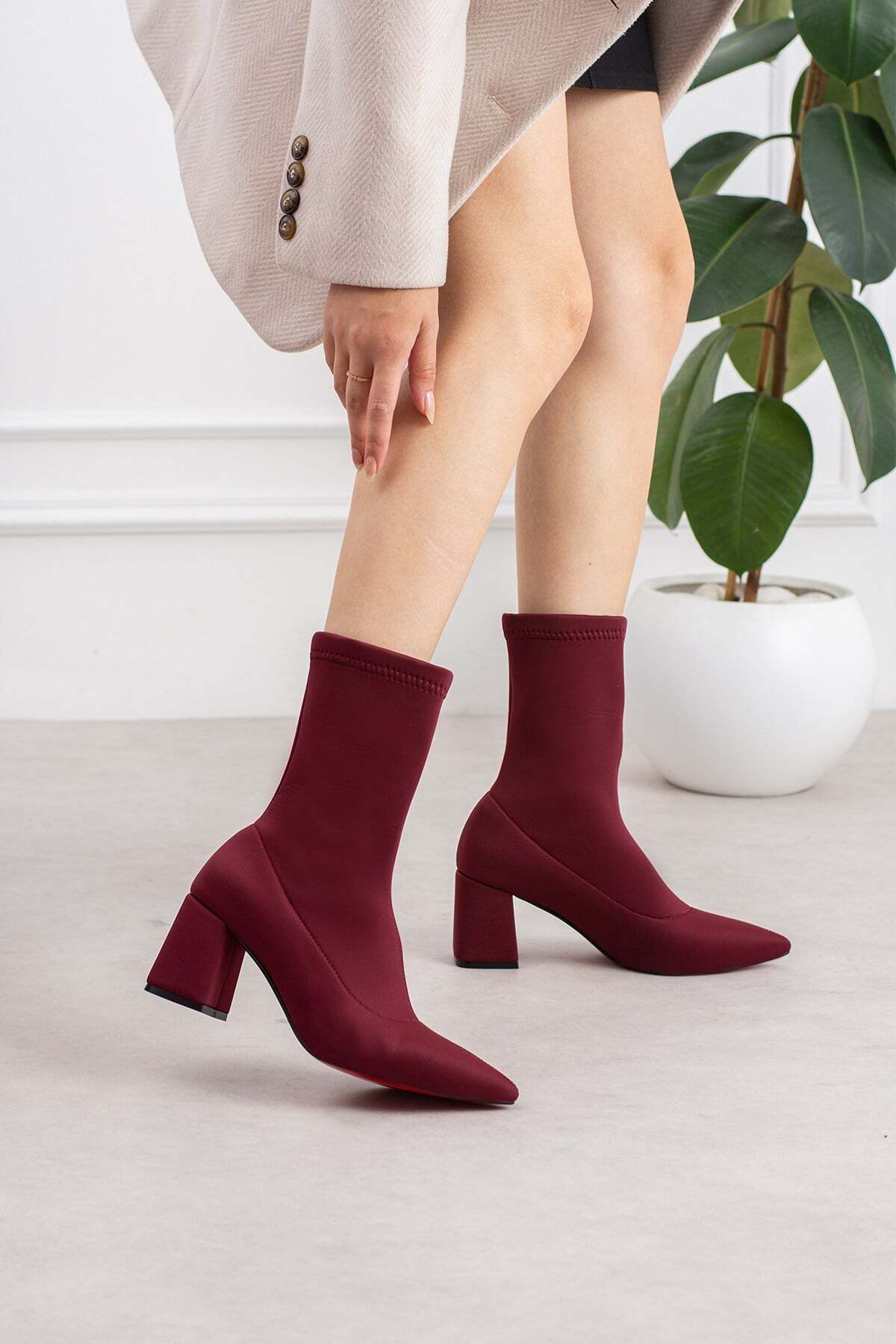 dabab shoes RACHEL Kadın Bordo Sivri Burun Dalgıç Streç 7 Cm Kalın Topuklu Çorap Bot Bootie görsel 2